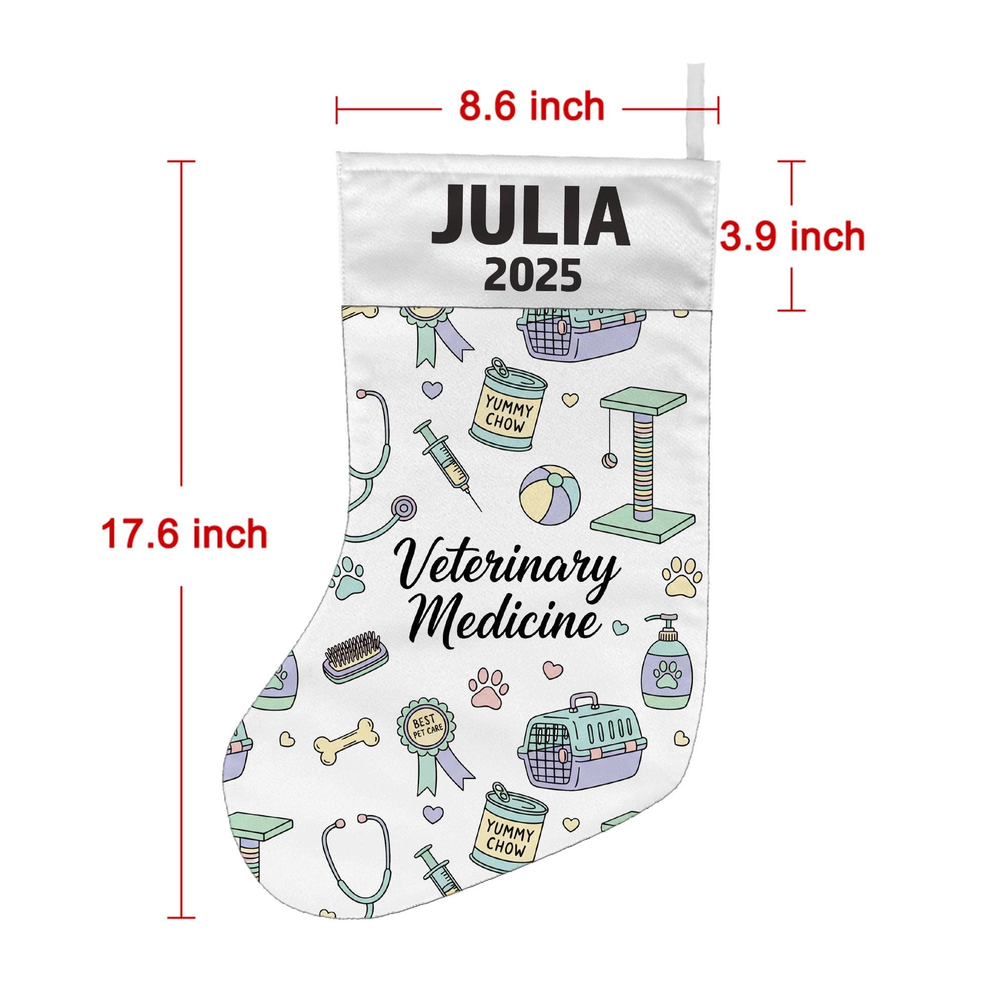 Veterinary Christmas Stocking, Personalized Name Year, Pet Clinic Icons, White Fabric