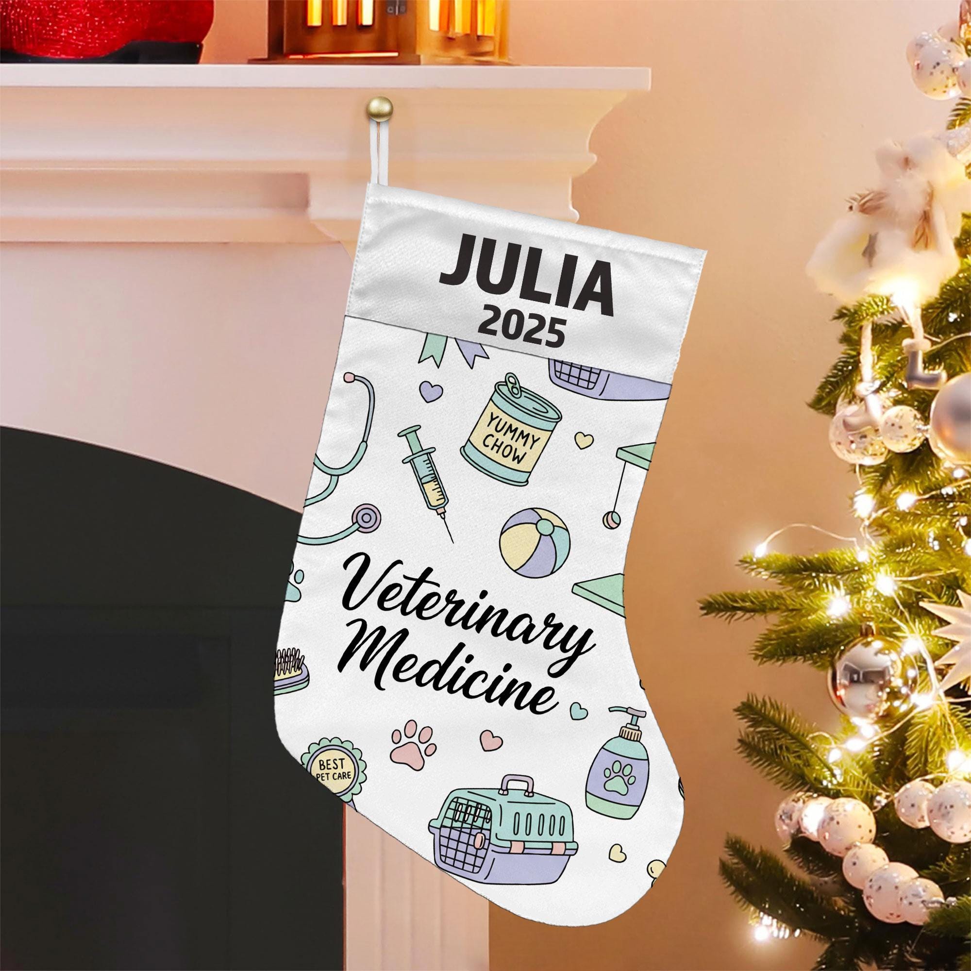 Veterinary Christmas Stocking, Personalized Name Year, Pet Clinic Icons, White Fabric