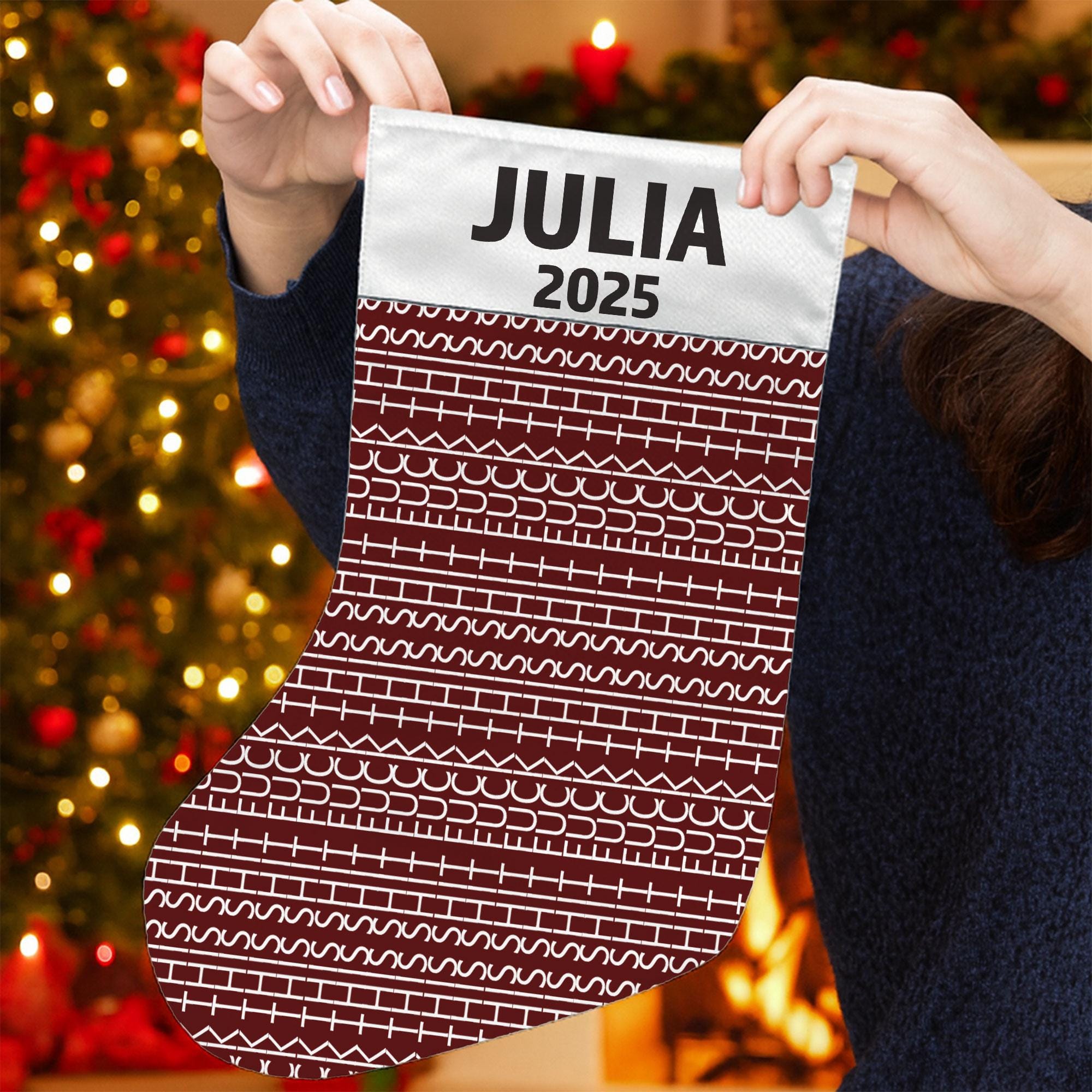 Hidden Swear Message Christmas Stocking, Personalized Name Year, Red Pattern Fabric