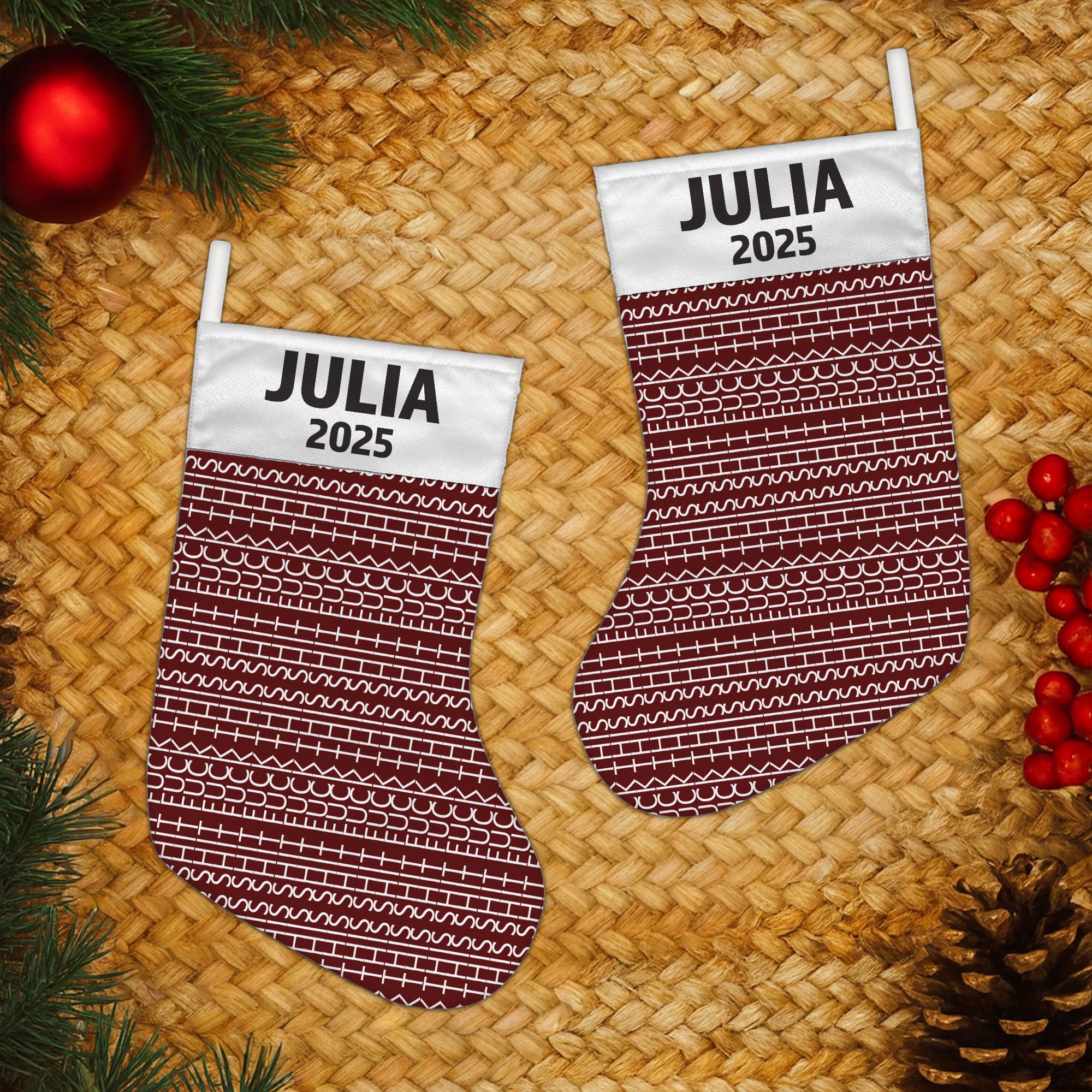 Hidden Swear Message Christmas Stocking, Personalized Name Year, Red Pattern Fabric