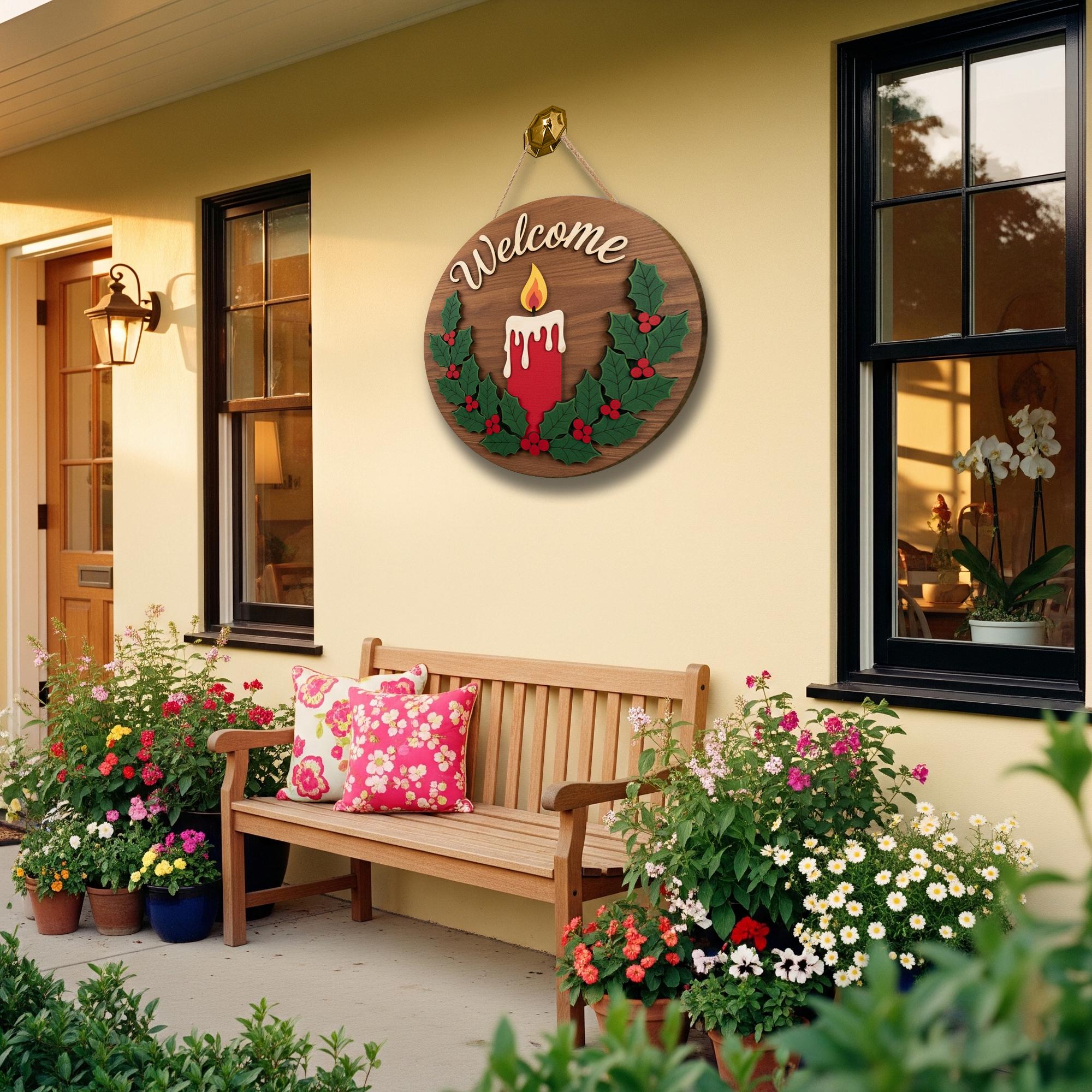 Welcome Christmas Door Sign – Wooden Holiday Candle Decoration for Winter Décor