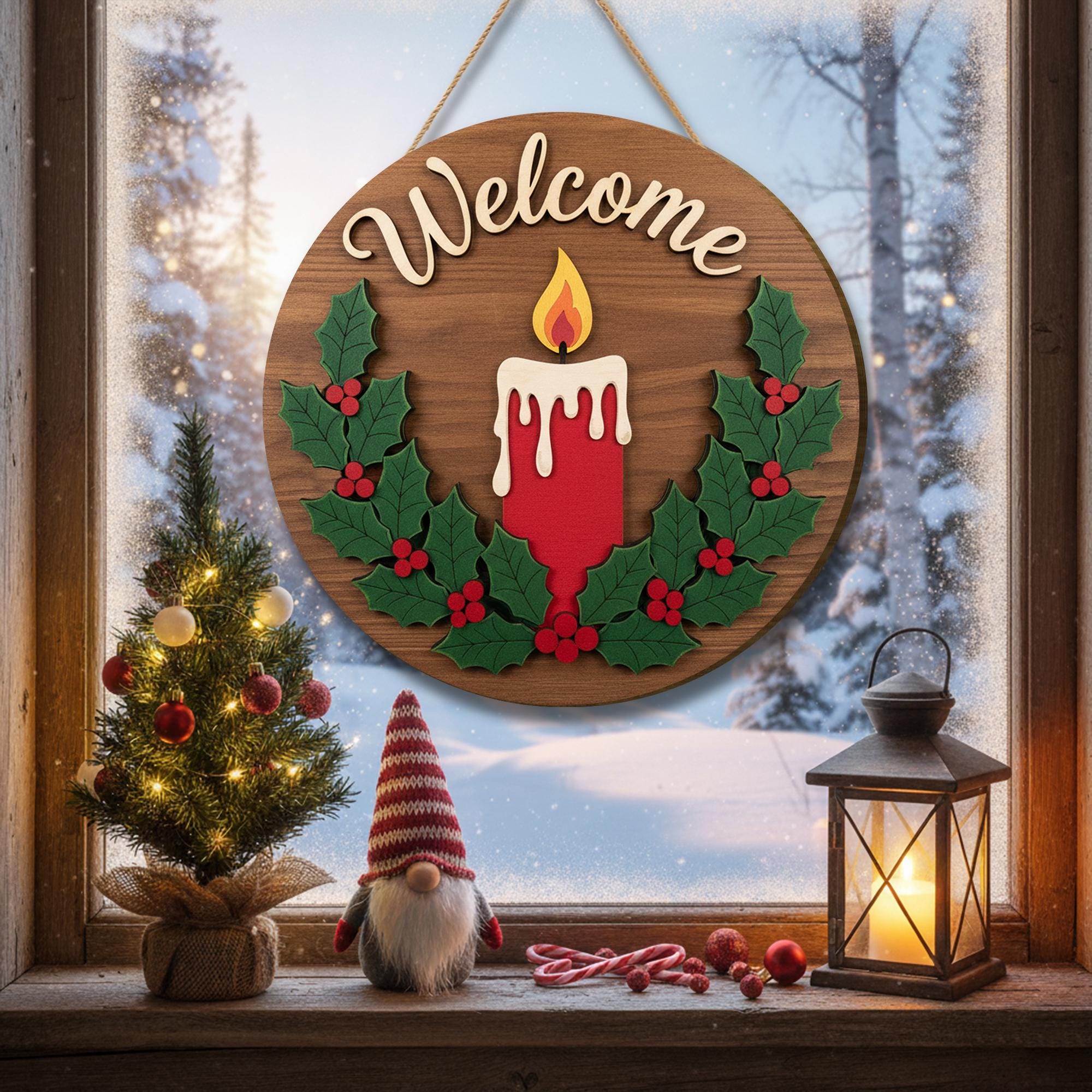 Welcome Christmas Door Sign – Wooden Holiday Candle Decoration for Winter Décor