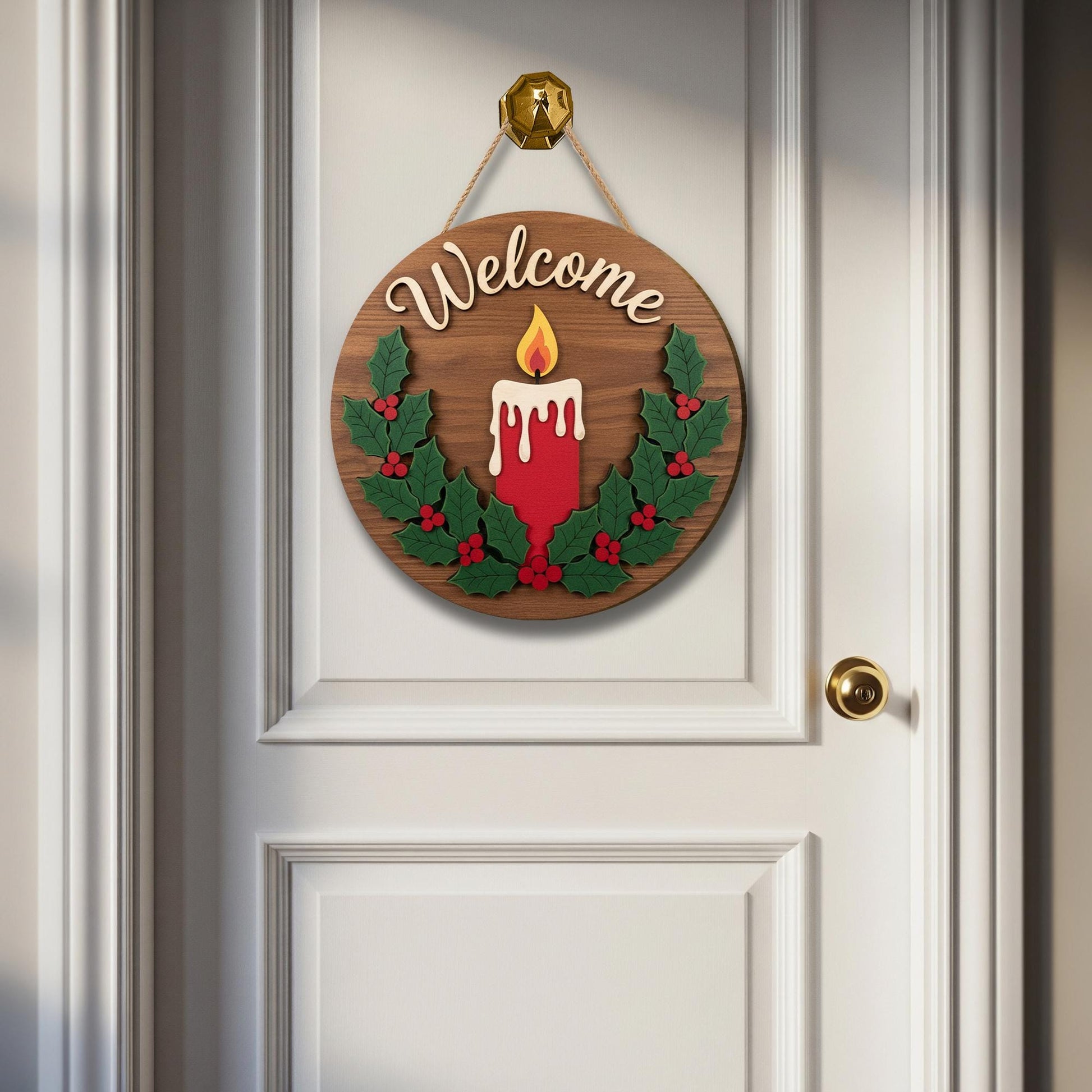 Welcome Christmas Door Sign – Wooden Holiday Candle Decoration for Winter Décor