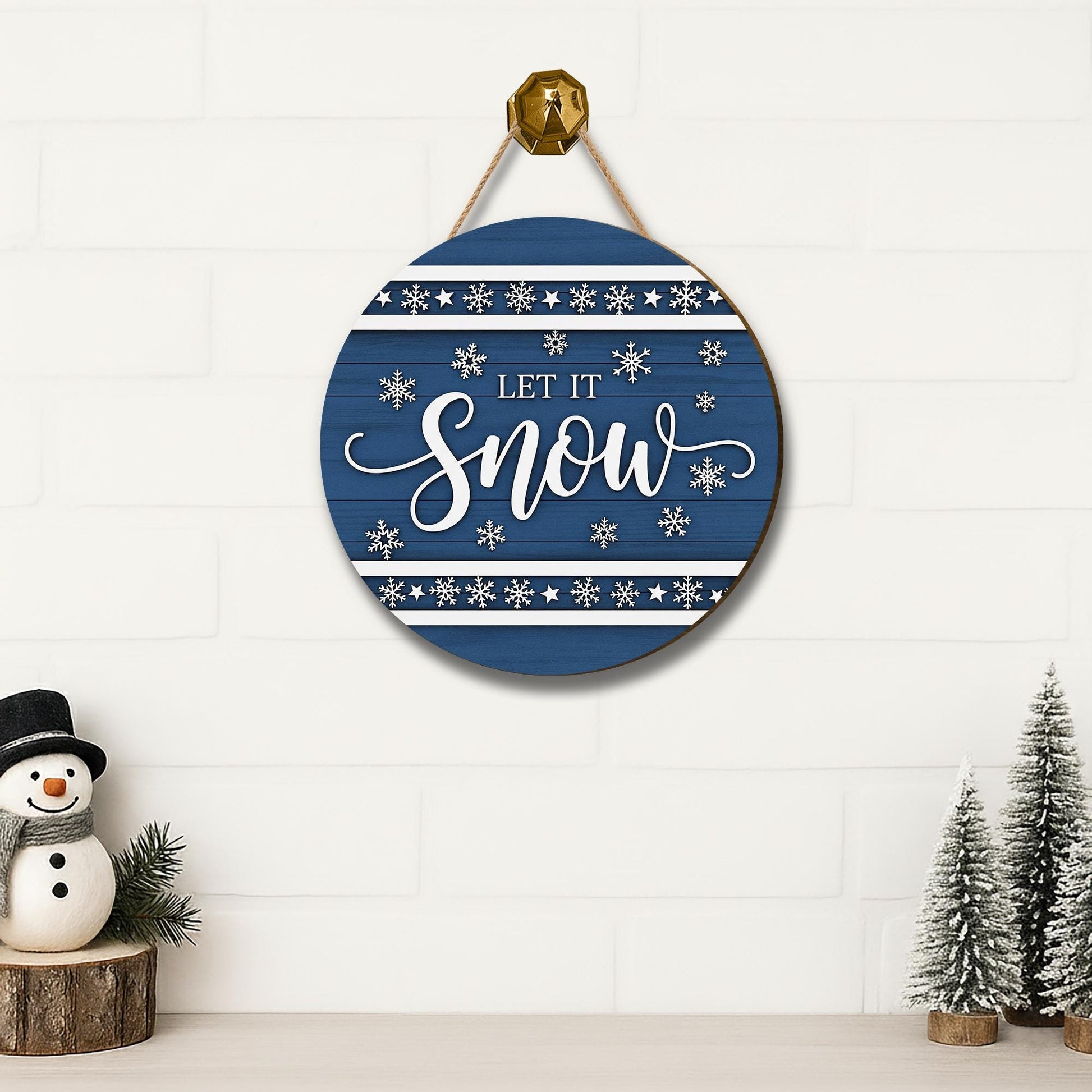 Let It Snow Christmas Ornament – Blue Winter Wooden Door Sign for Holiday Décor