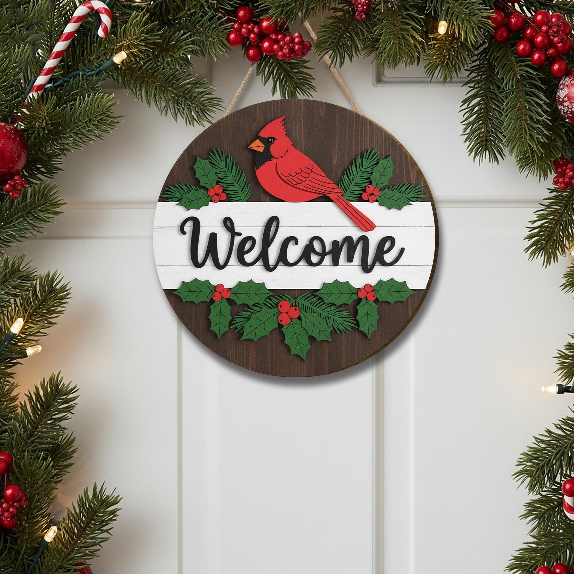 Welcome Door Hanger – Christmas Cardinal Wooden Ornament for Holiday Gifts & Décor