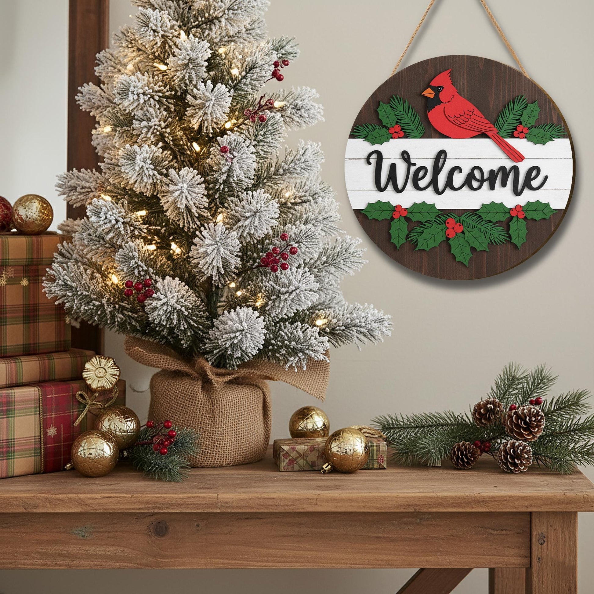 Welcome Door Hanger – Christmas Cardinal Wooden Ornament for Holiday Gifts & Décor