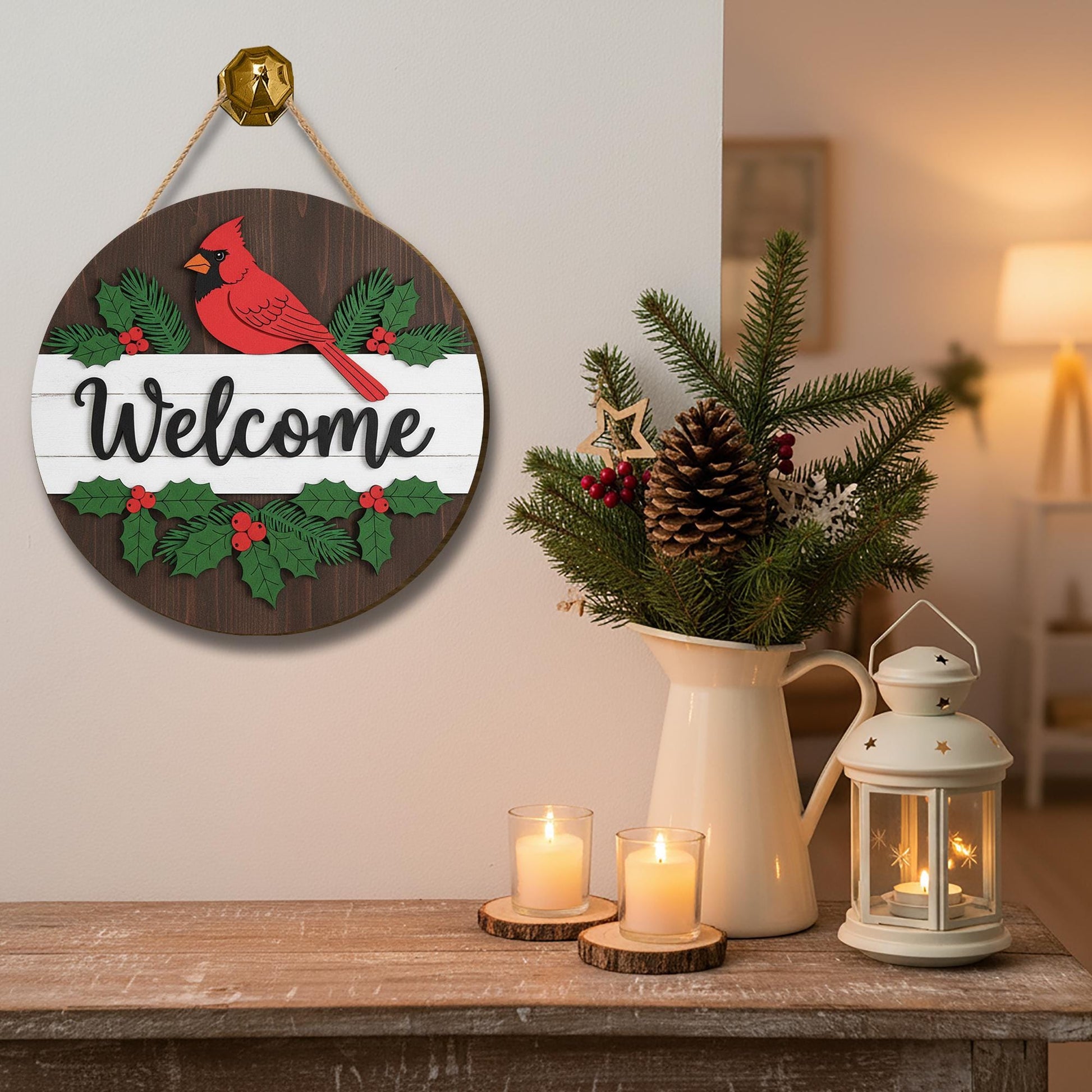 Welcome Door Hanger – Christmas Cardinal Wooden Ornament for Holiday Gifts & Décor