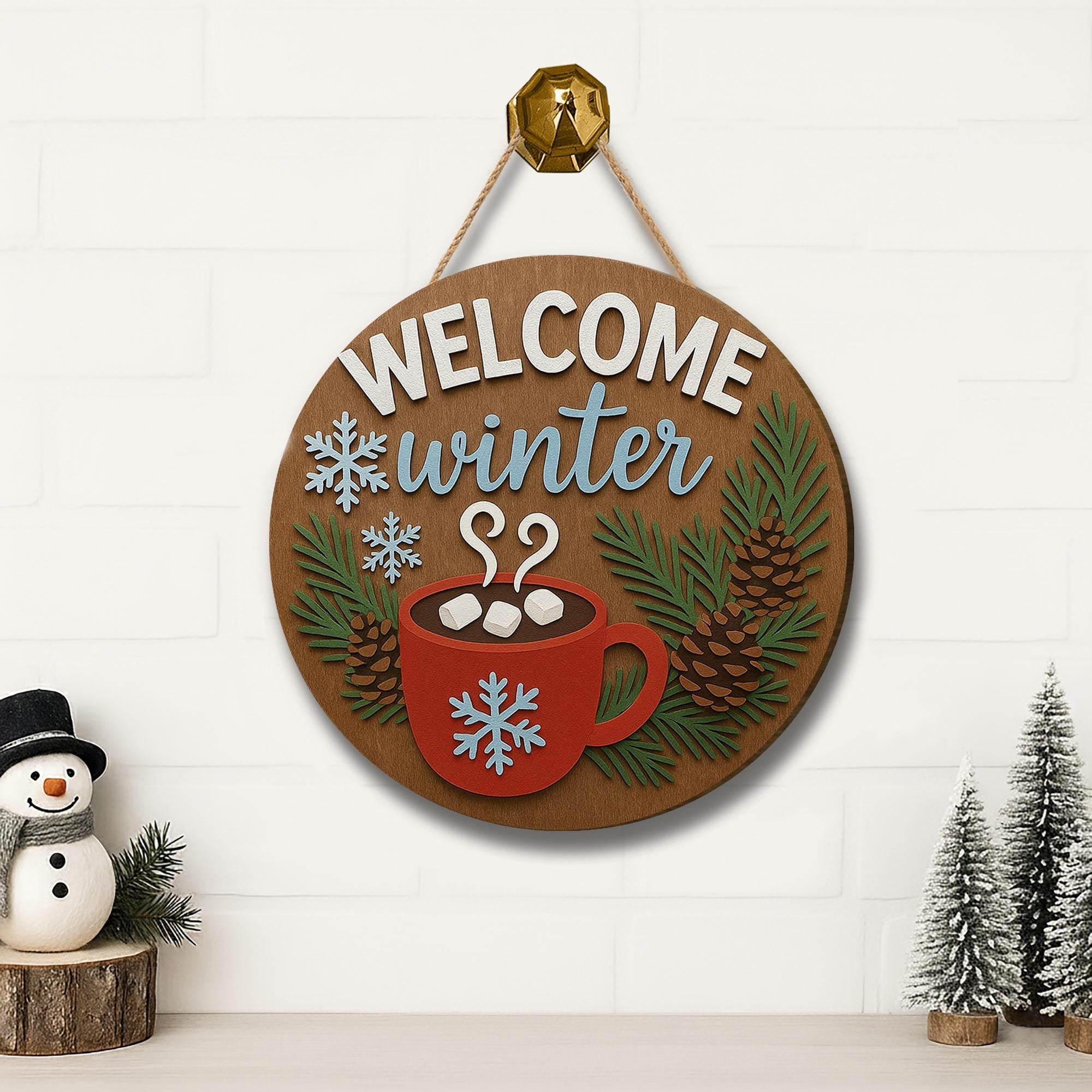 Welcome Winter Door Hanger – Wooden Snowflake Hot Cocoa Sign for Christmas Gifts