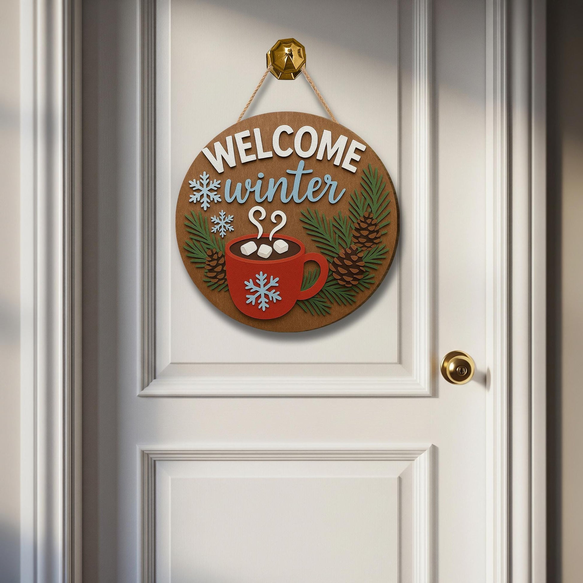 Welcome Winter Door Hanger – Wooden Snowflake Hot Cocoa Sign for Christmas Gifts