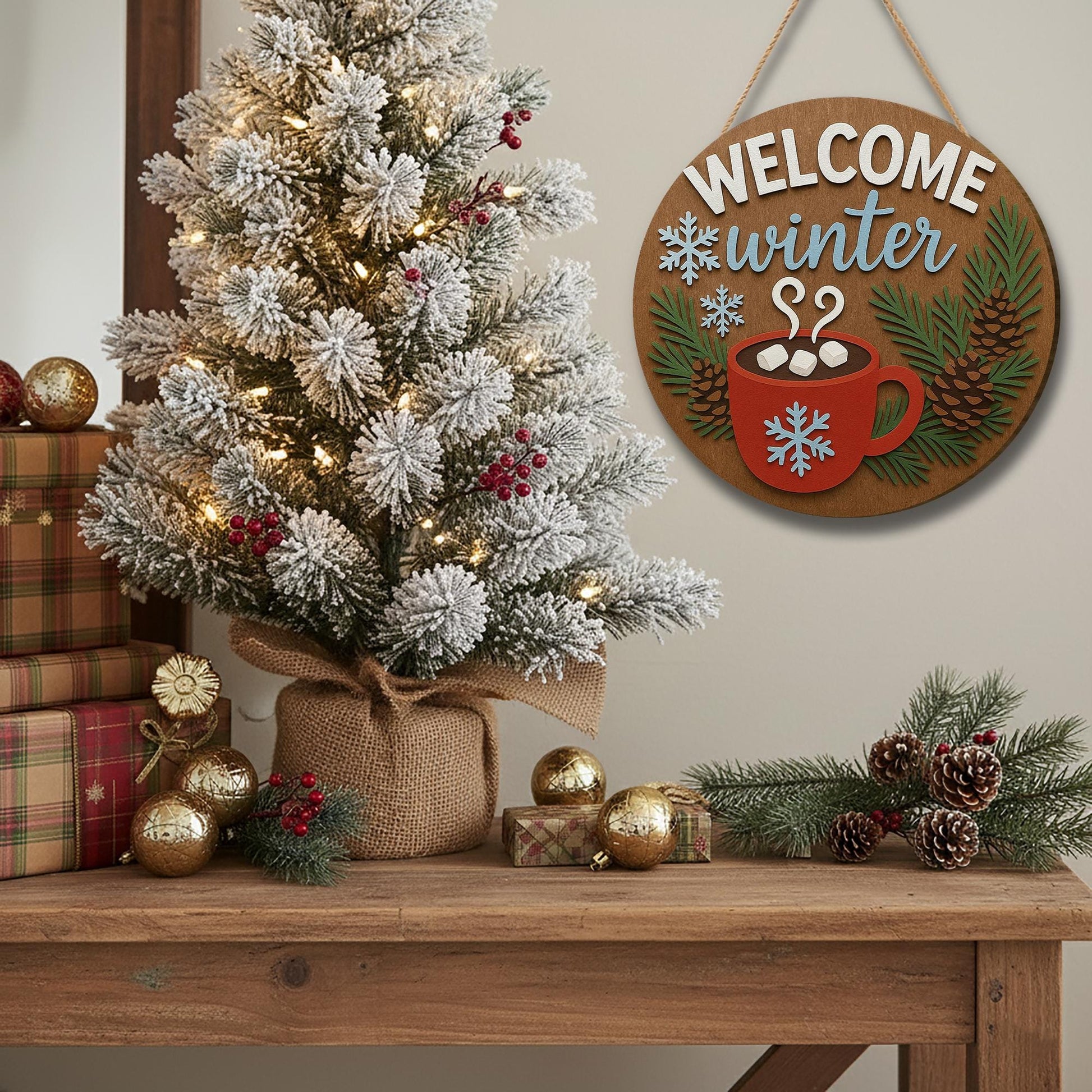 Welcome Winter Door Hanger – Wooden Snowflake Hot Cocoa Sign for Christmas Gifts