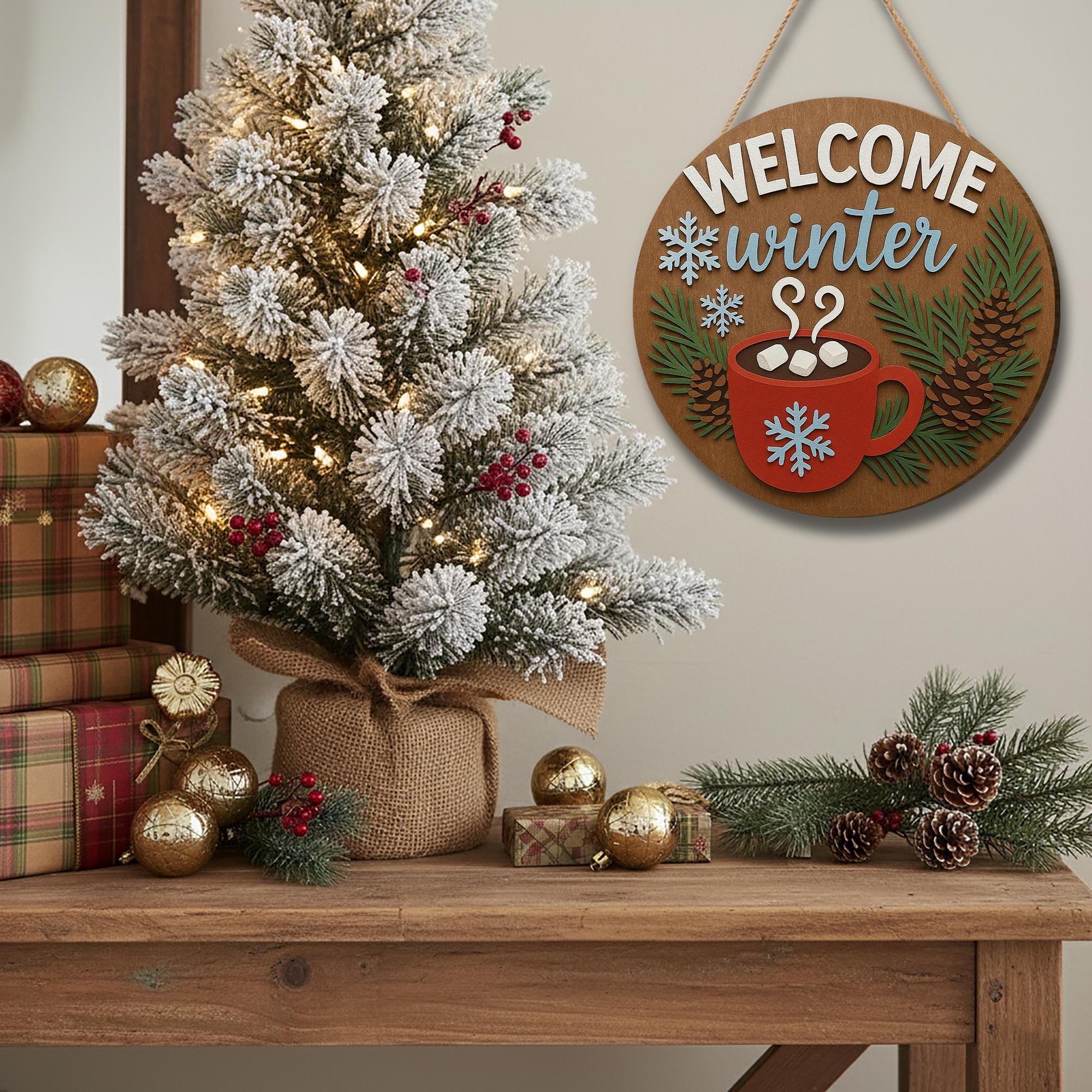 Welcome Winter Door Hanger – Wooden Snowflake Hot Cocoa Sign for Christmas Gifts