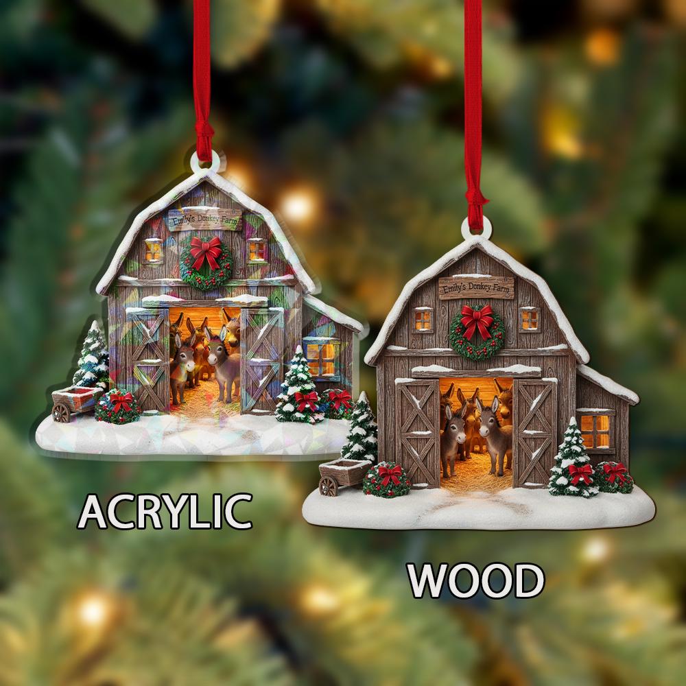 Personalized Hologram Barn Ornament – Custom Farmhouse Christmas Decoration with Donkeys
