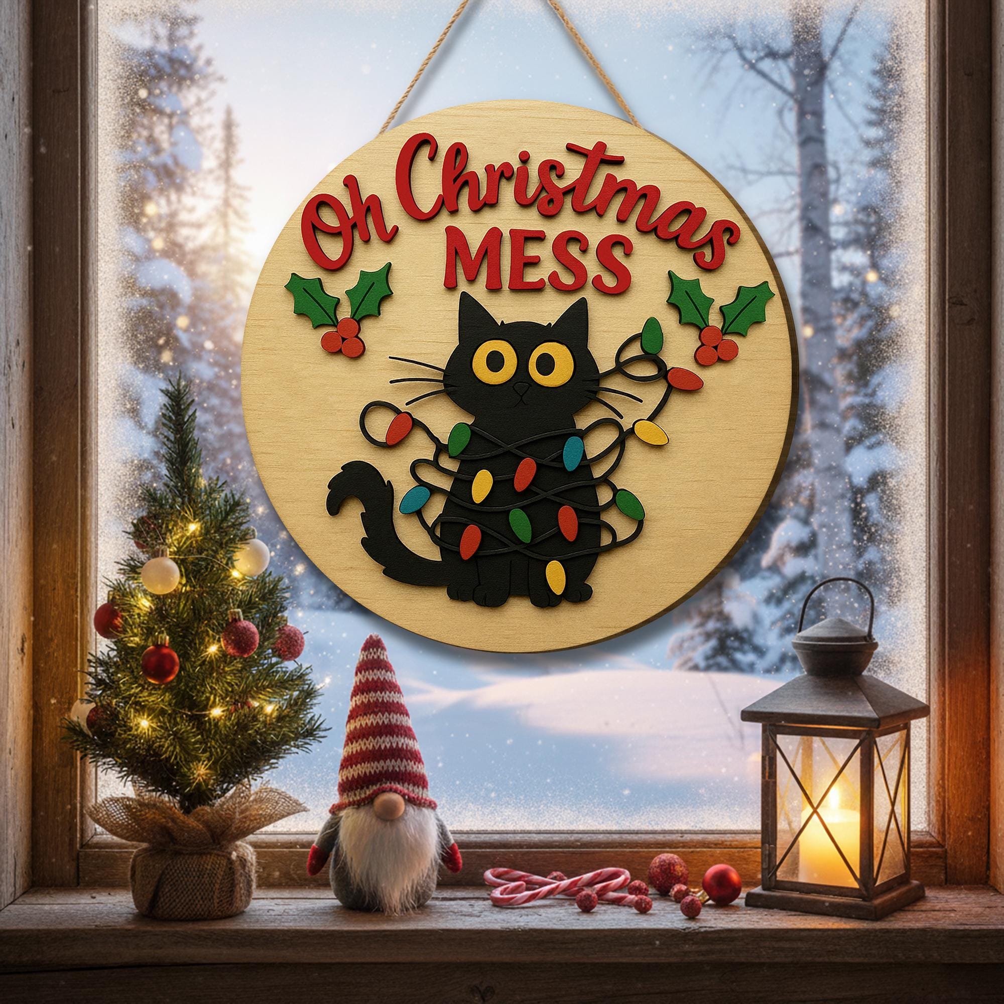 Oh Christmas Mess Sign – Funny Black Cat Wooden Ornament for Holiday Door Décor