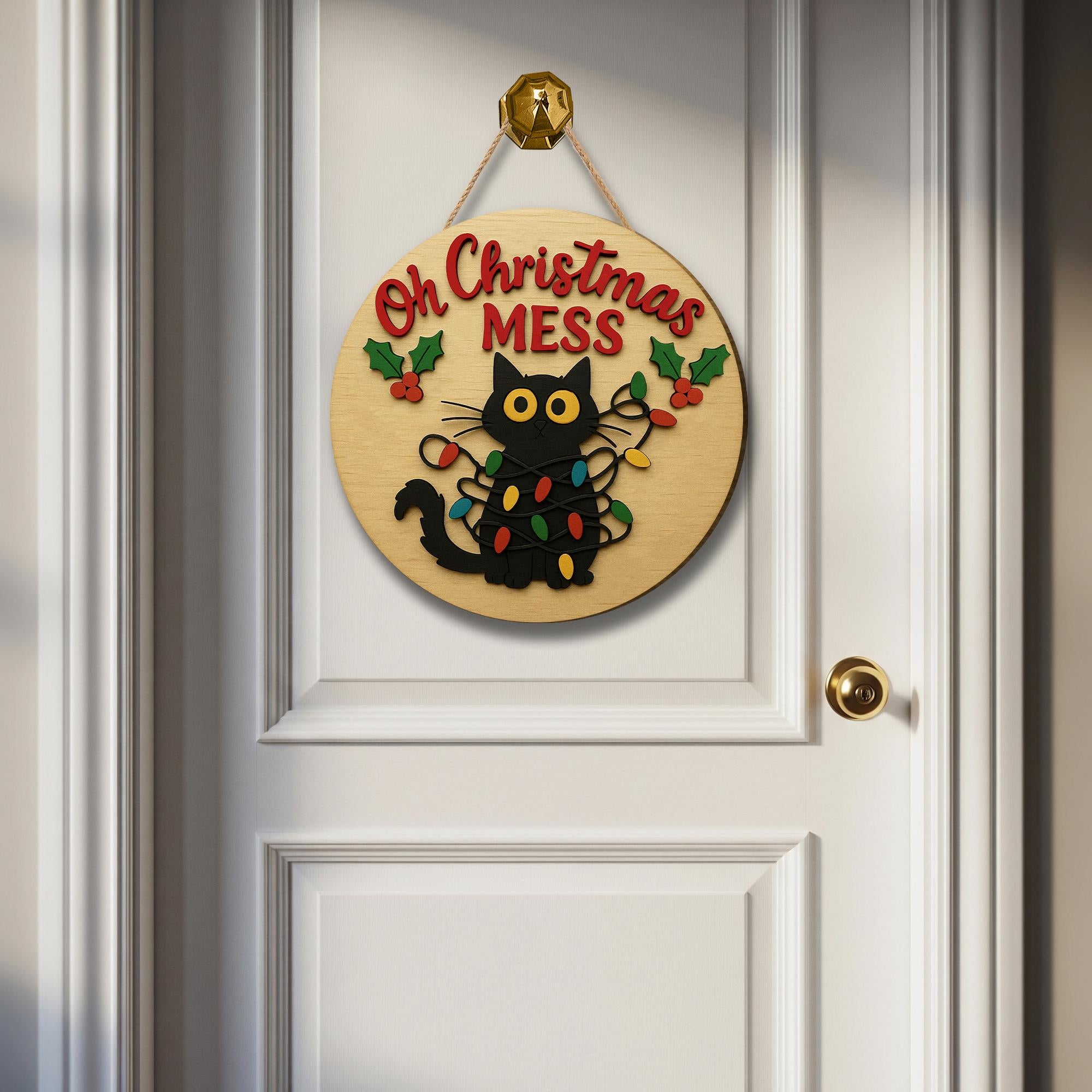 Oh Christmas Mess Sign – Funny Black Cat Wooden Ornament for Holiday Door Décor