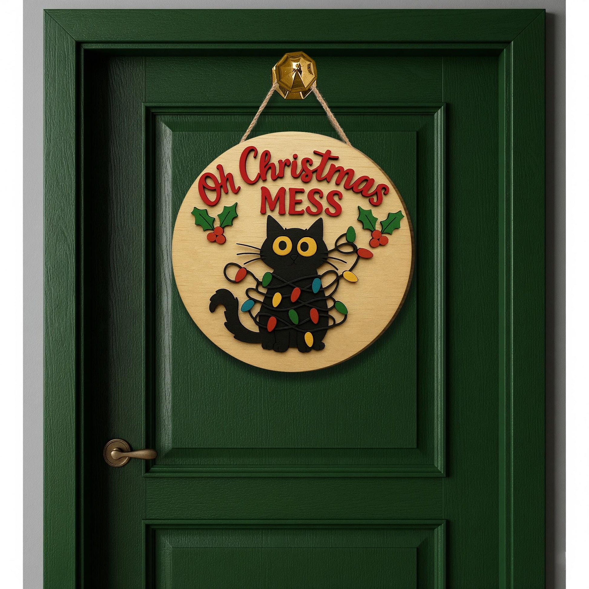 Oh Christmas Mess Sign – Funny Black Cat Wooden Ornament for Holiday Door Décor