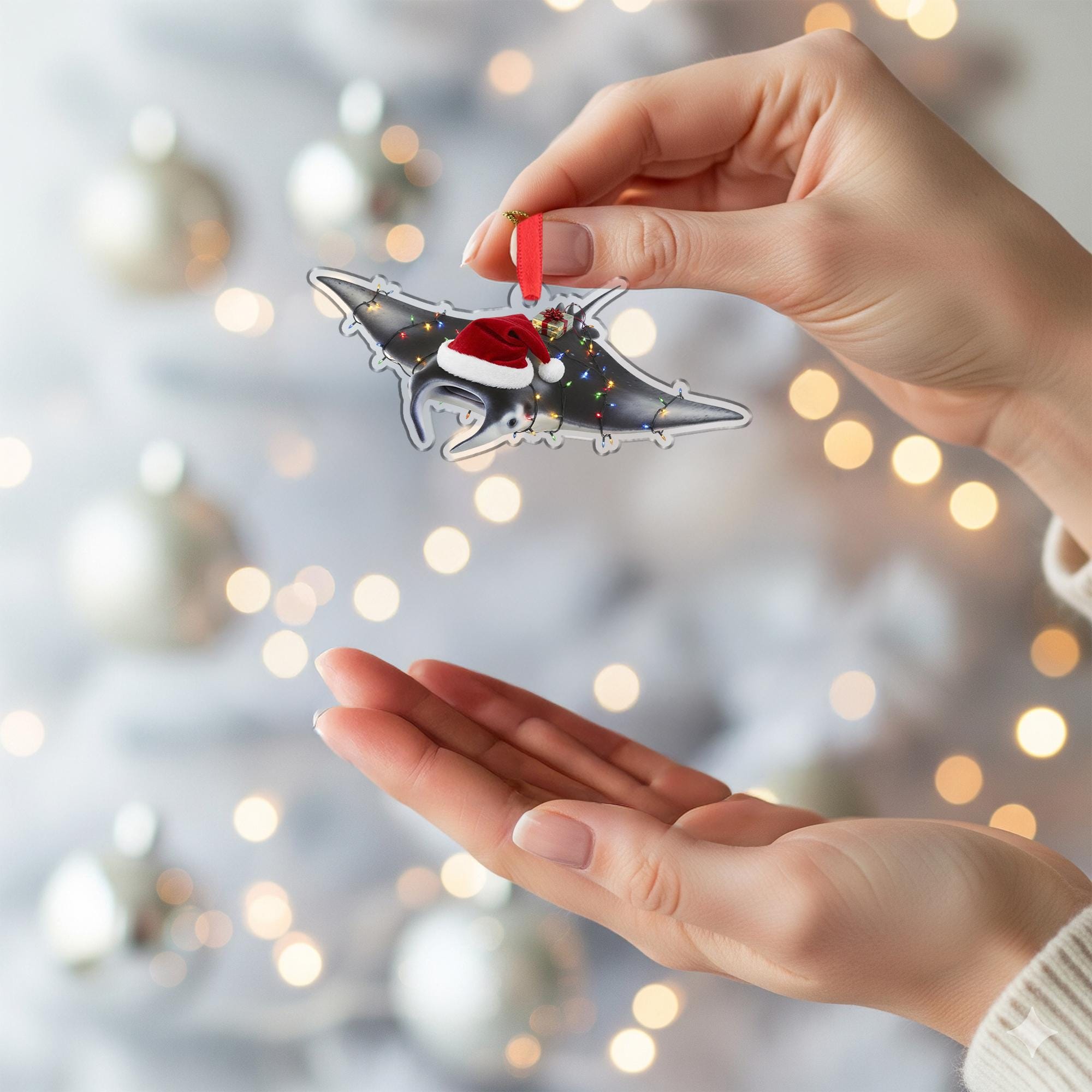 Manta Ray Ornament – Christmas Tree Decoration with Santa Hat and Lights