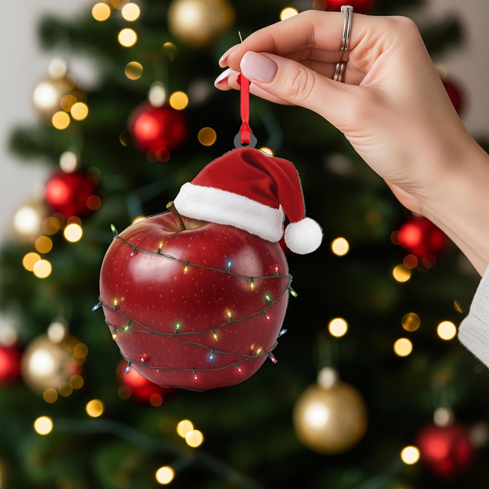 Apple Ornament – Christmas Tree Decoration with Santa Hat and Lights