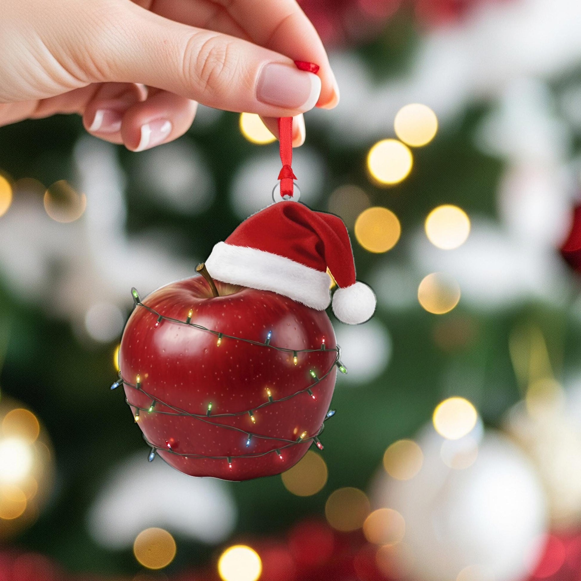Apple Ornament – Christmas Tree Decoration with Santa Hat and Lights
