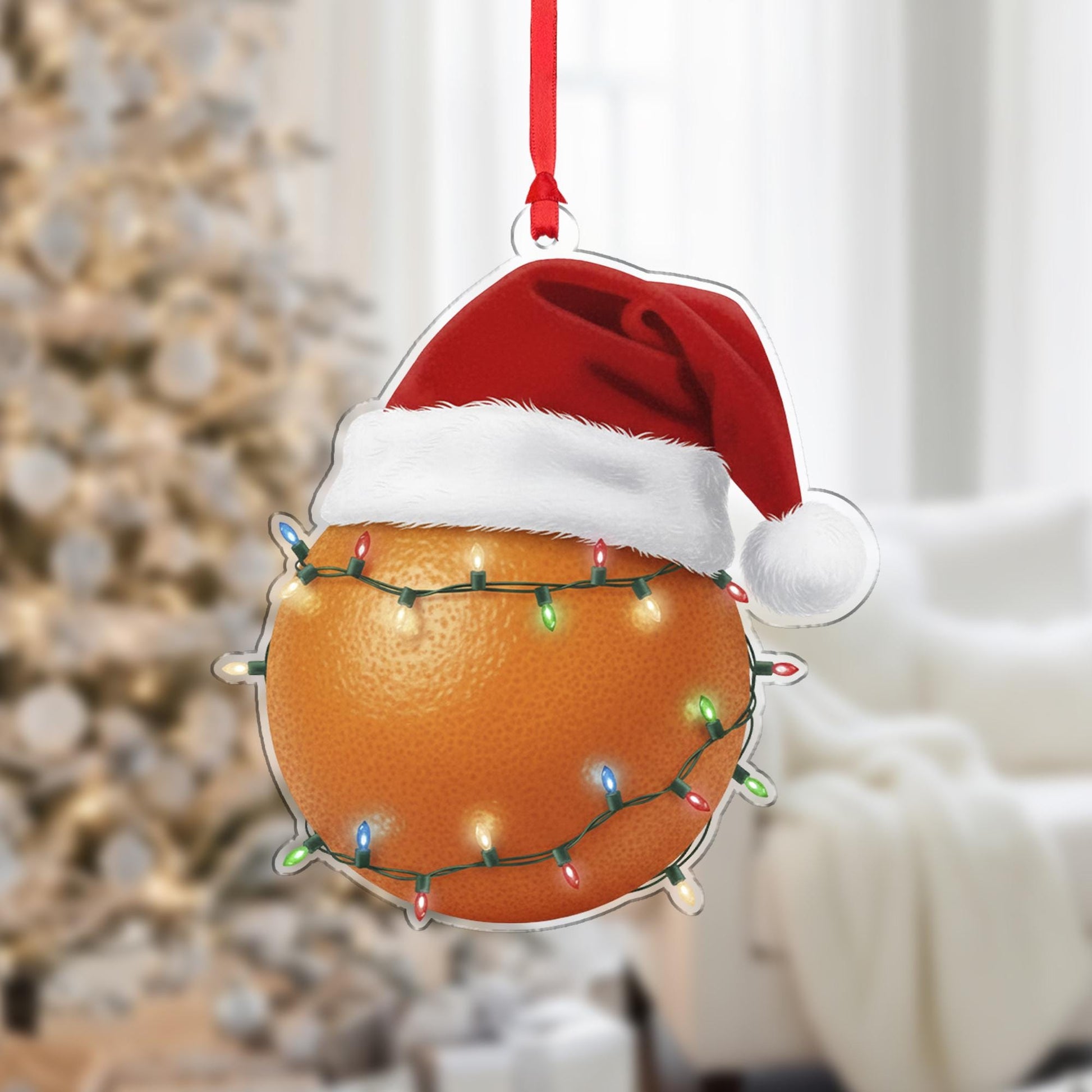 Orange Ornament – Christmas Tree Decoration with Santa Hat and Lights
