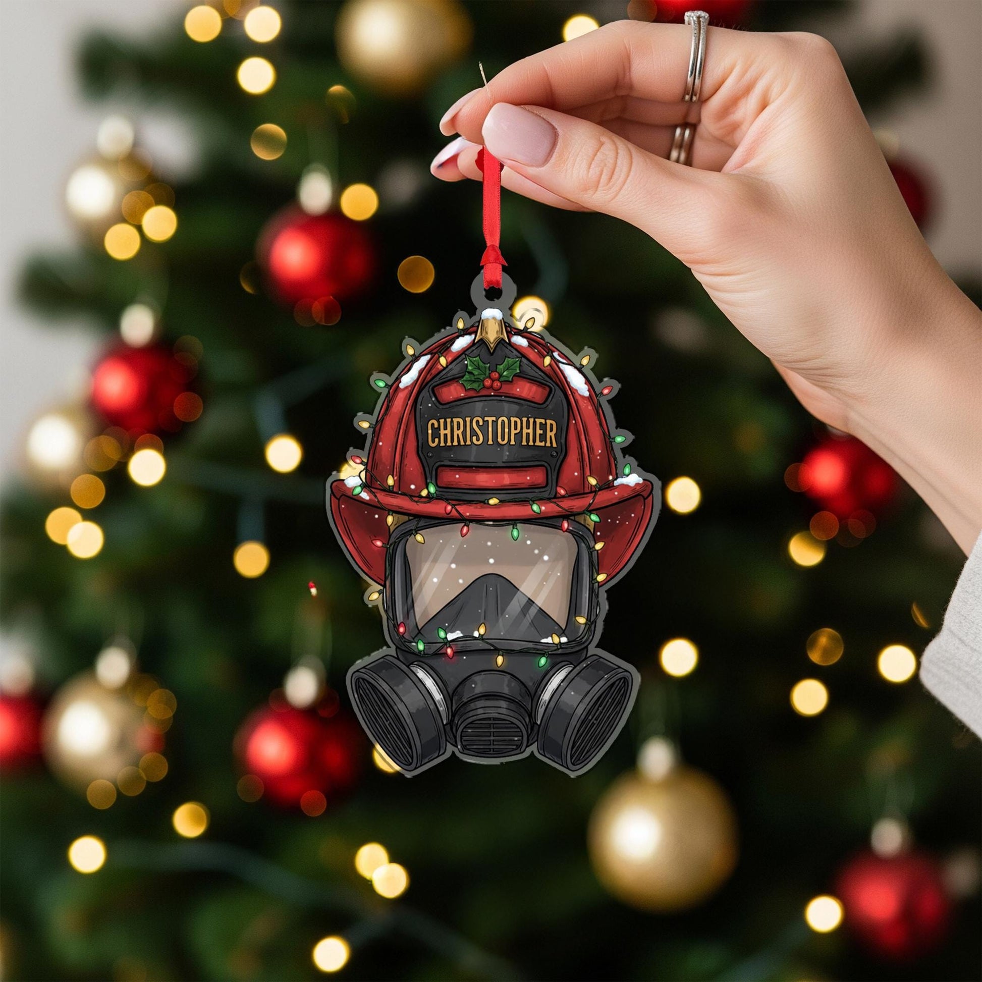 Personalized Firefighter Helmet Ornament – Christmas Tree Decoration with Gas Mask and Holiday Lights