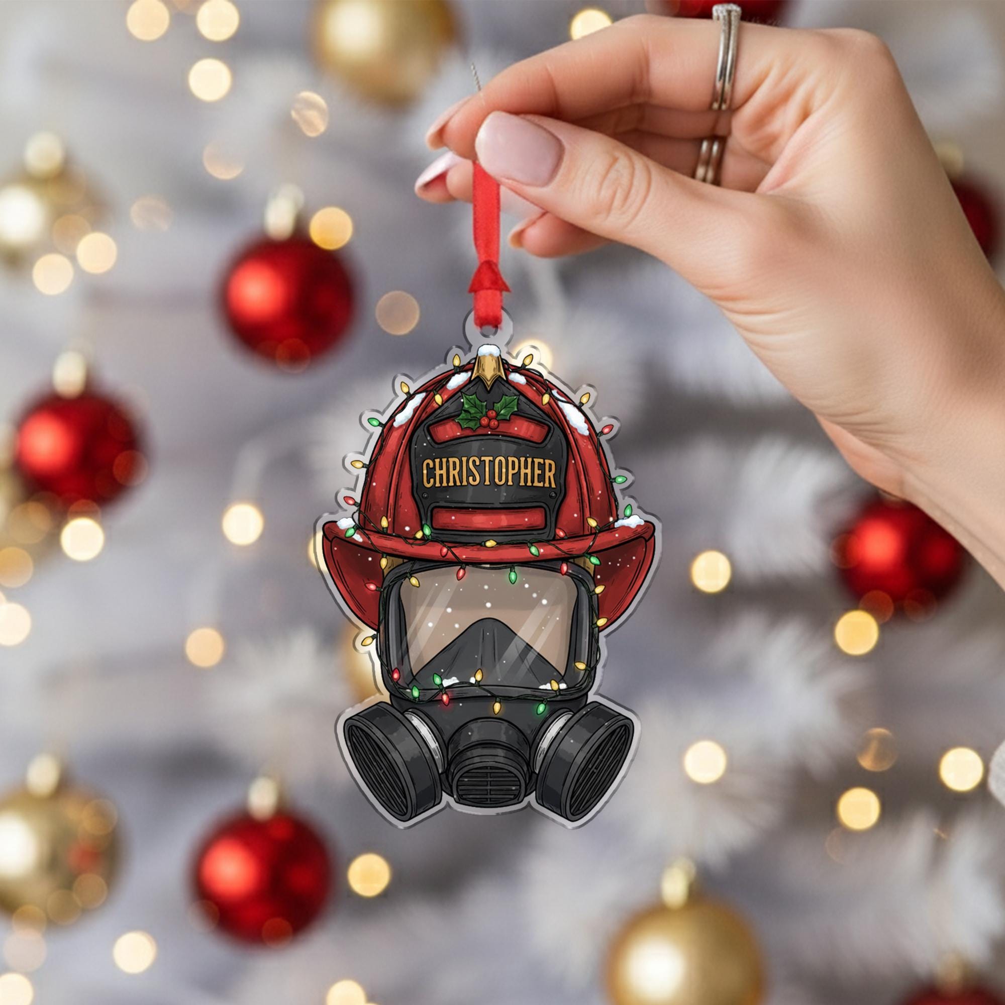 Personalized Firefighter Helmet Ornament – Christmas Tree Decoration with Gas Mask and Holiday Lights