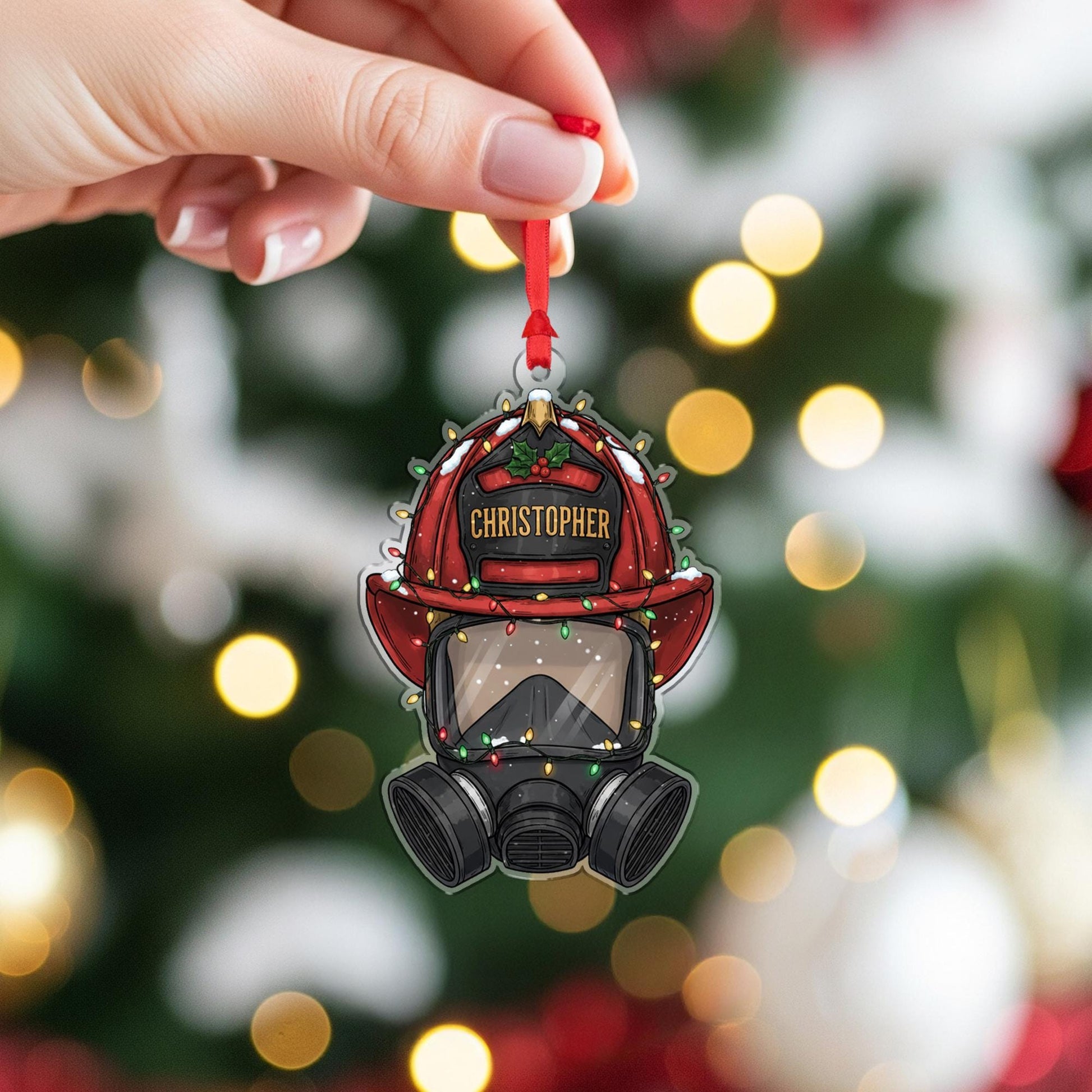 Personalized Firefighter Helmet Ornament – Christmas Tree Decoration with Gas Mask and Holiday Lights