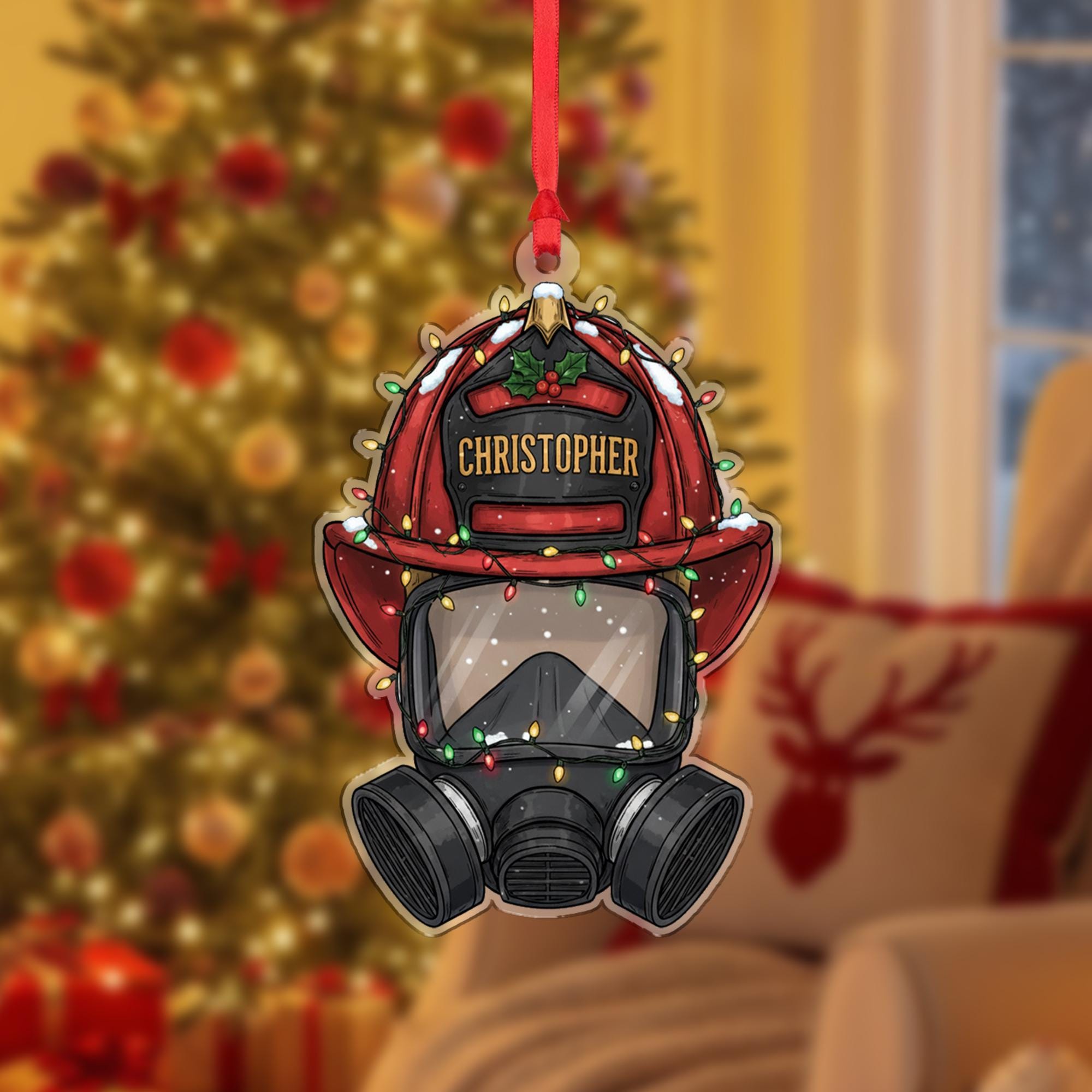 Personalized Firefighter Helmet Ornament – Christmas Tree Decoration with Gas Mask and Holiday Lights