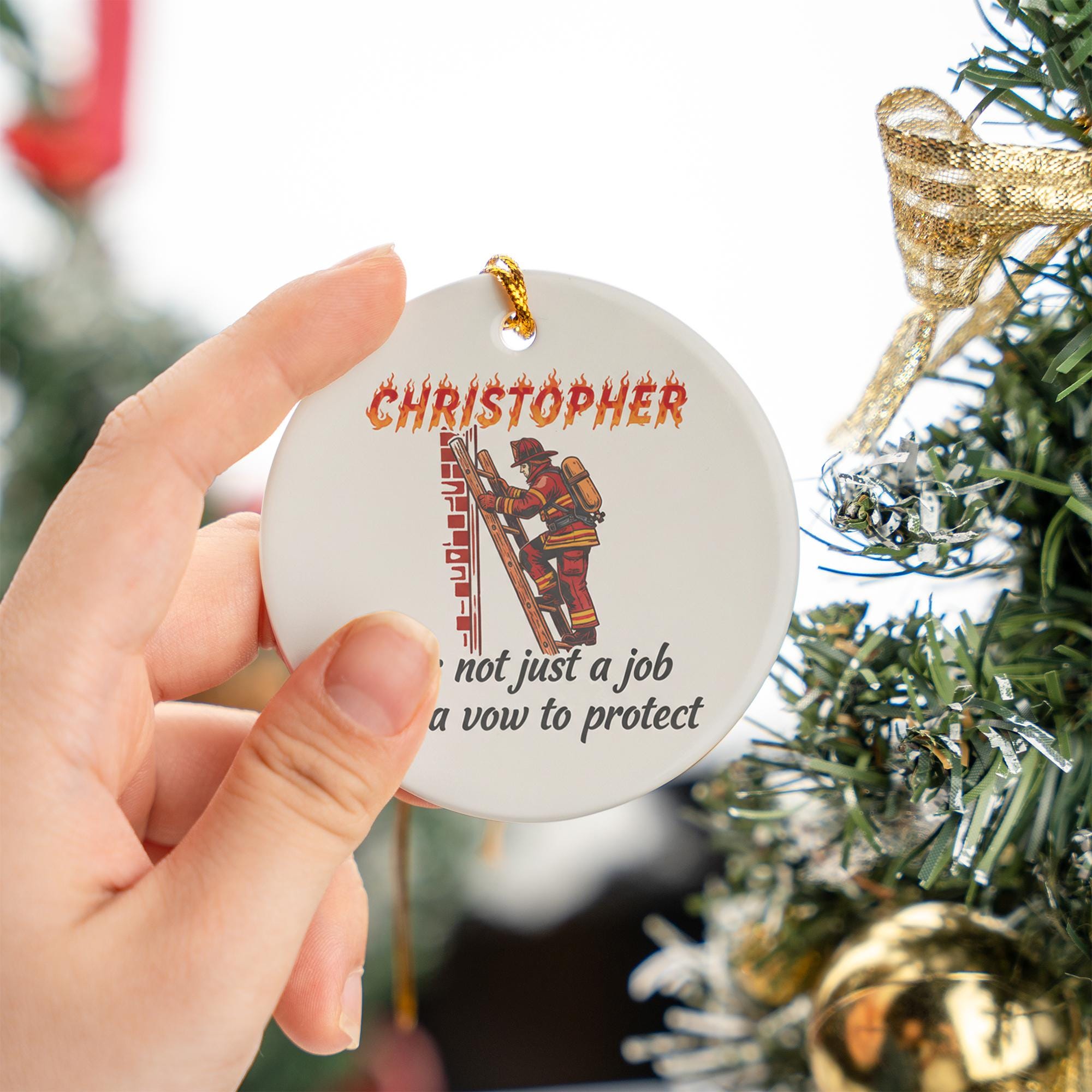 Personalized Ceramic Ornament: Firefighter Design Protective Quote Red Uniform