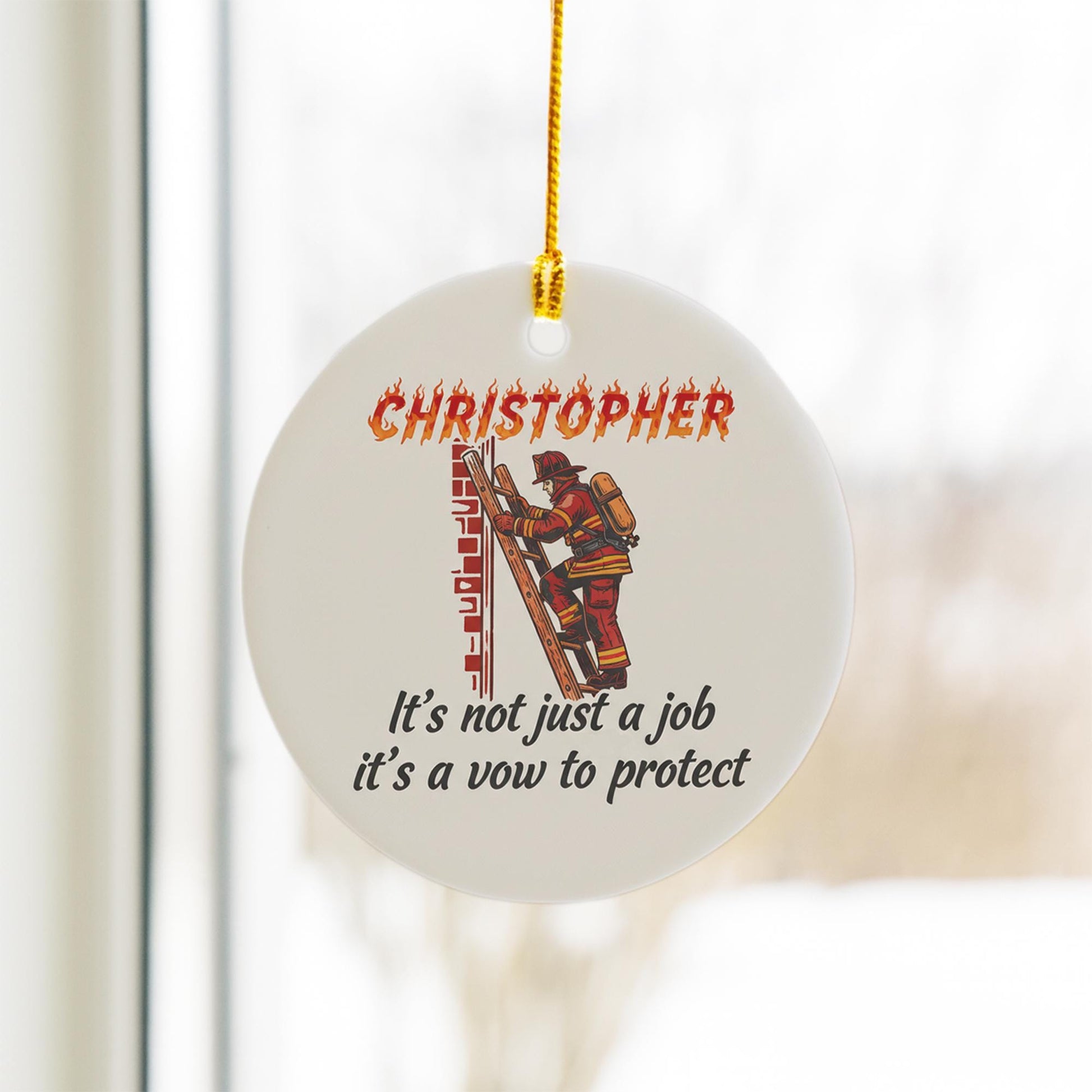 Personalized Ceramic Ornament: Firefighter Design Protective Quote Red Uniform