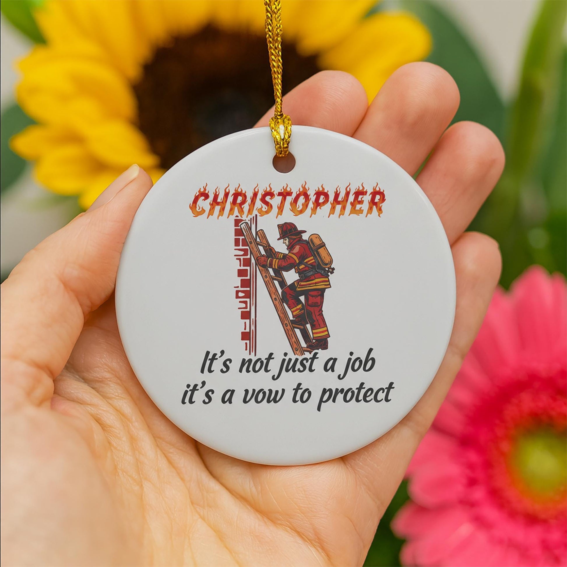 Personalized Ceramic Ornament: Firefighter Design Protective Quote Red Uniform