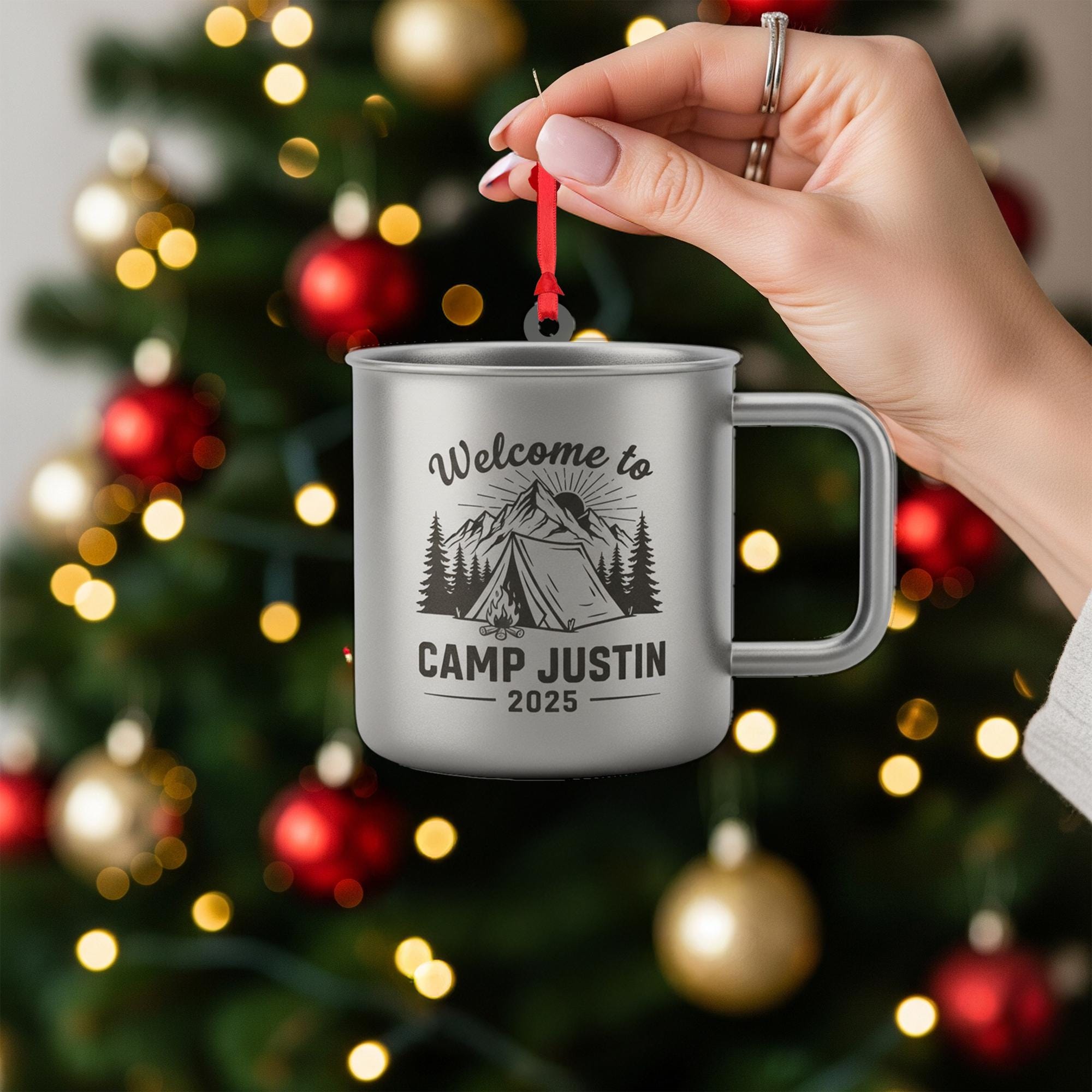 Personalized Metal Camping Mug Ornament: Tent Mountain Design Rustic Outdoor Decor