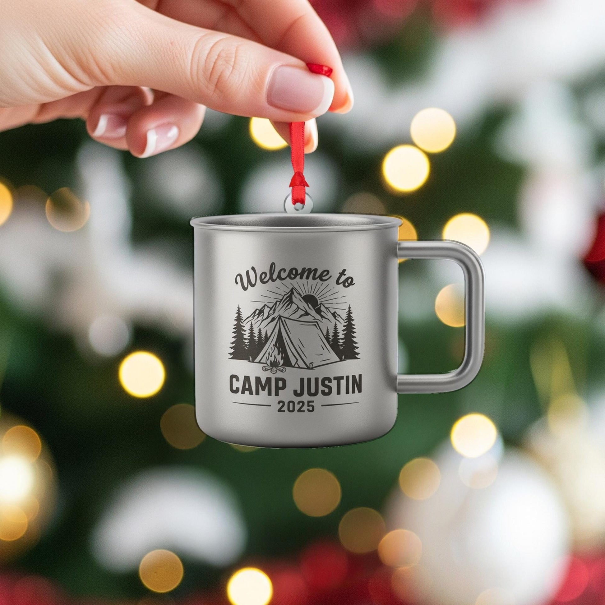 Personalized Metal Camping Mug Ornament: Tent Mountain Design Rustic Outdoor Decor