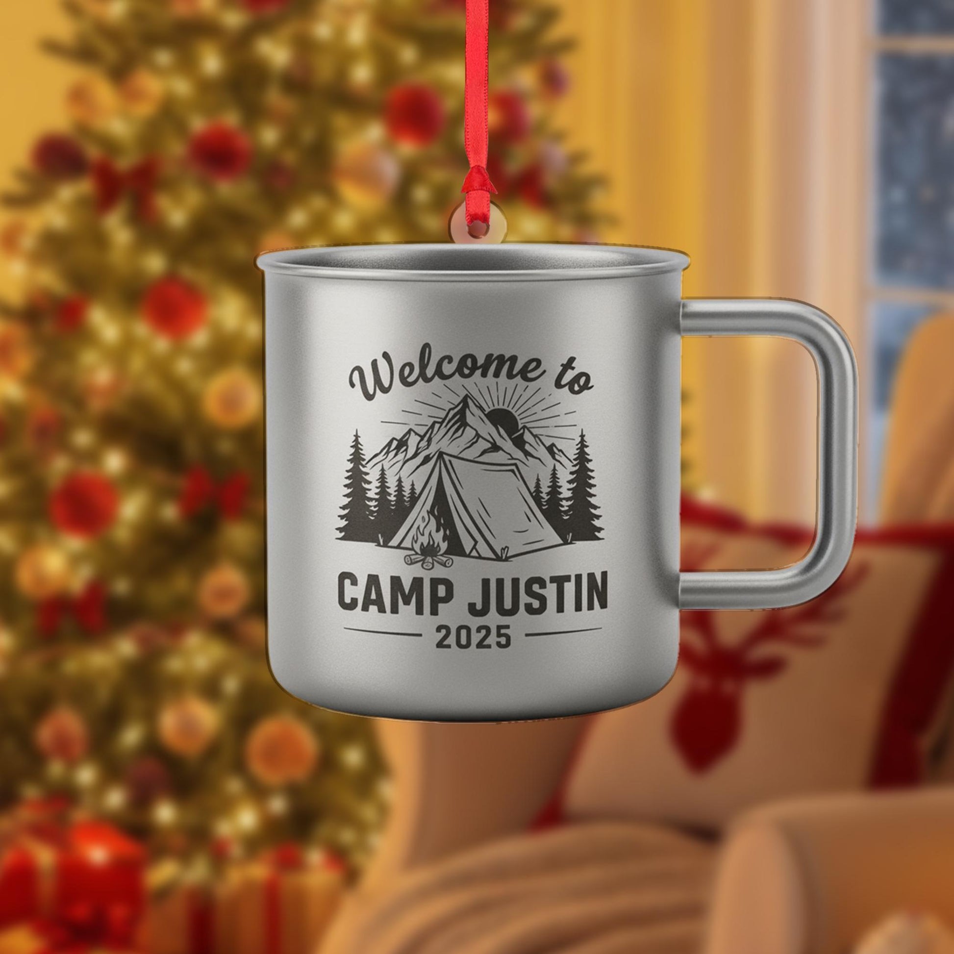 Personalized Metal Camping Mug Ornament: Tent Mountain Design Rustic Outdoor Decor