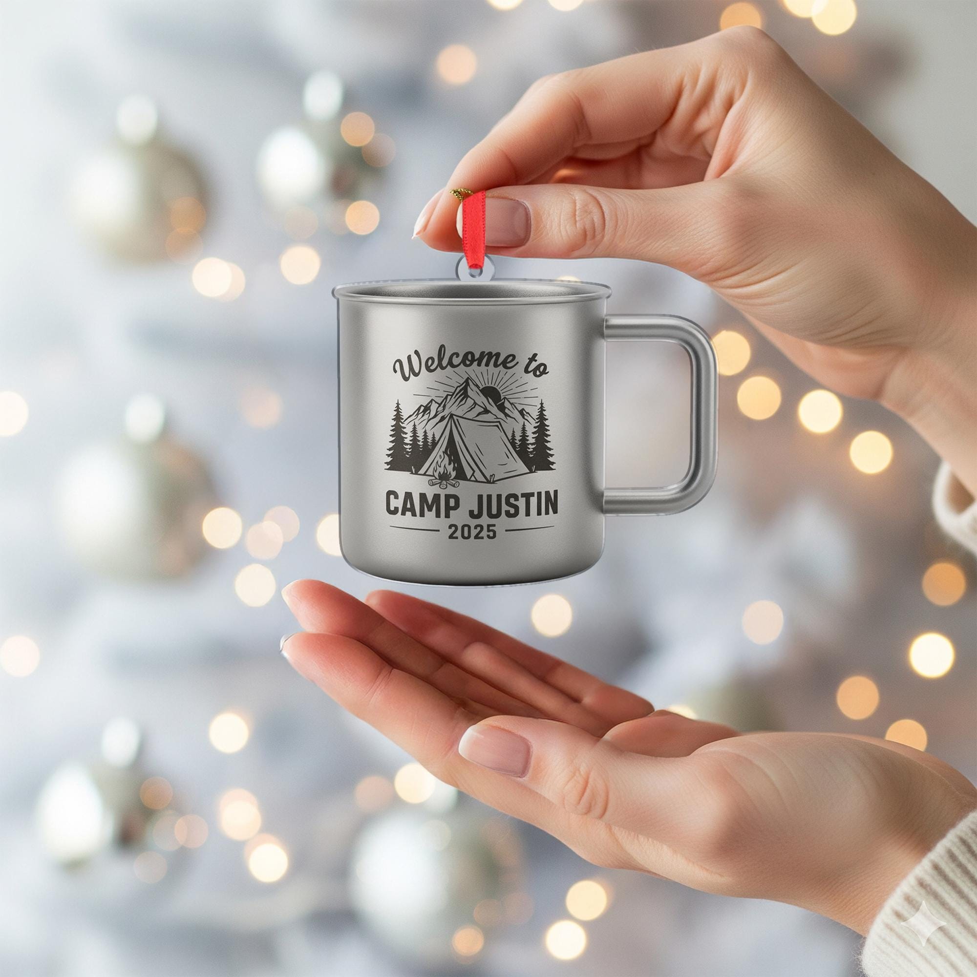 Personalized Metal Camping Mug Ornament: Tent Mountain Design Rustic Outdoor Decor