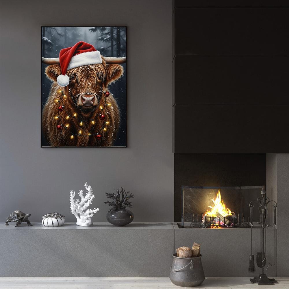Highland Cow Christmas Poster – Santa Hat Cow Wall Art Print with Lights