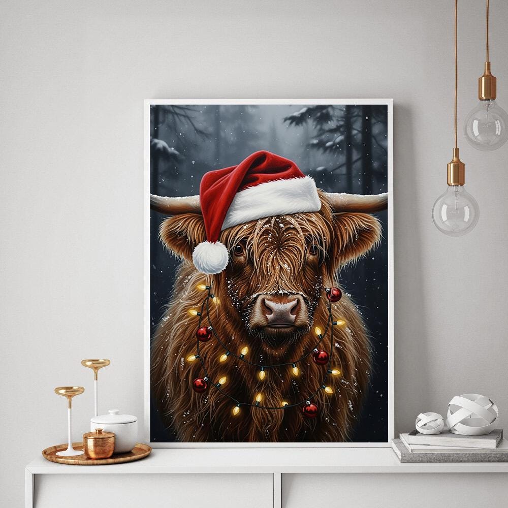 Highland Cow Christmas Poster – Santa Hat Cow Wall Art Print with Lights