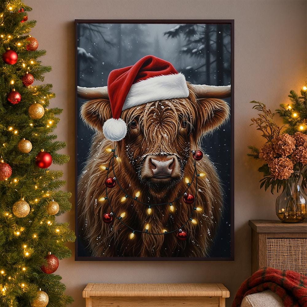 Highland Cow Christmas Poster – Santa Hat Cow Wall Art Print with Lights