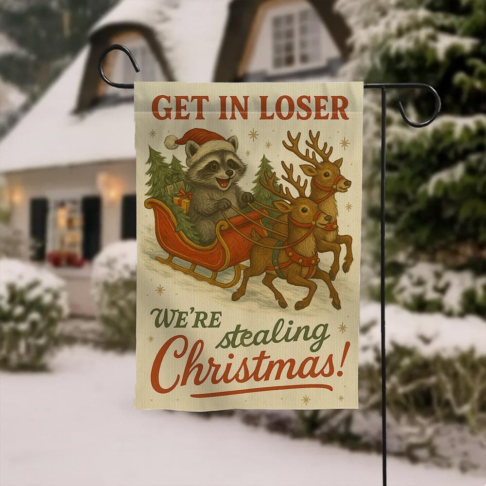 Get in Loser, We’re Stealing Christmas Flag – Raccoon Sleigh Holiday Banner