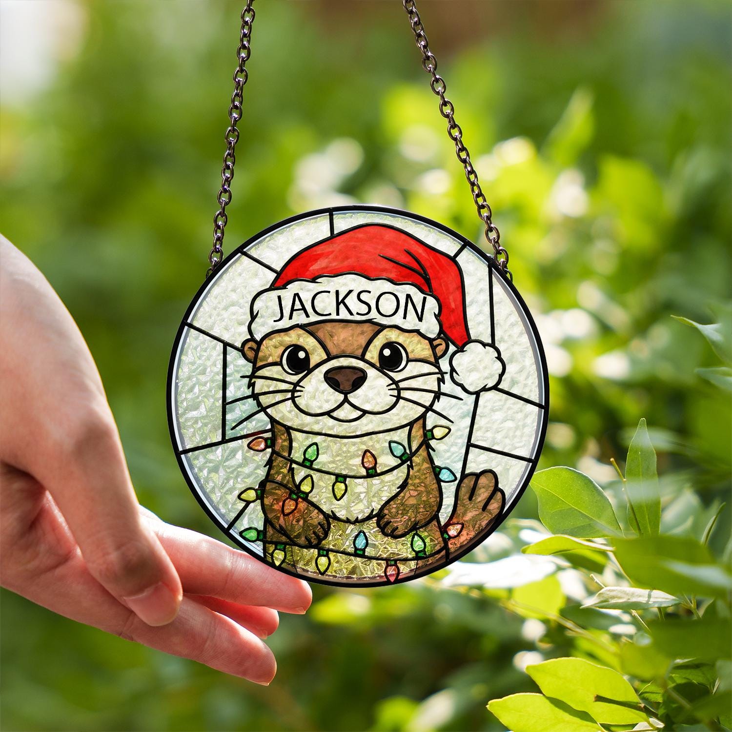 Personalized Otter Christmas Glass Suncatcher – Faux Stained Glass Ornament Holiday Design
