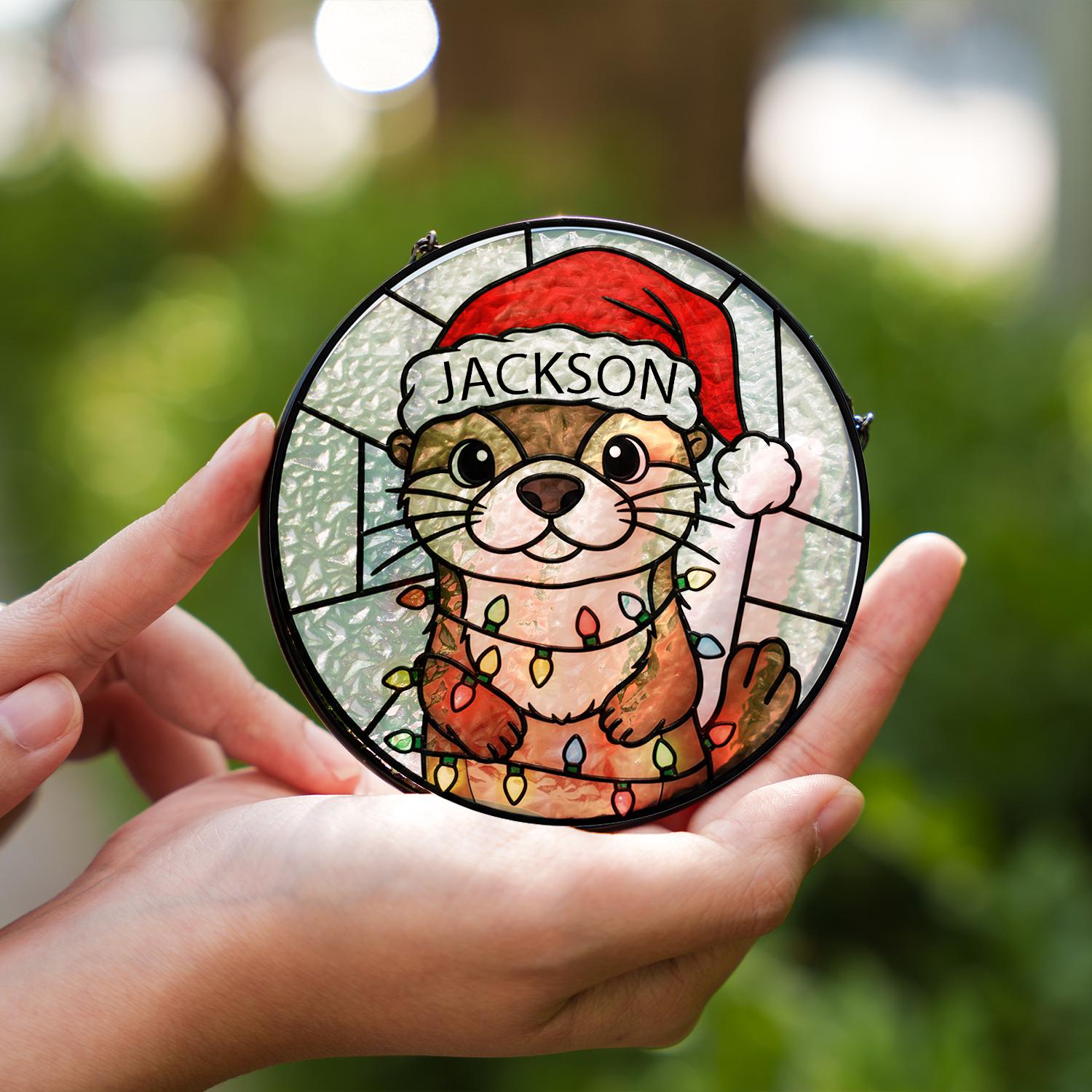 Personalized Otter Christmas Glass Suncatcher – Faux Stained Glass Ornament Holiday Design