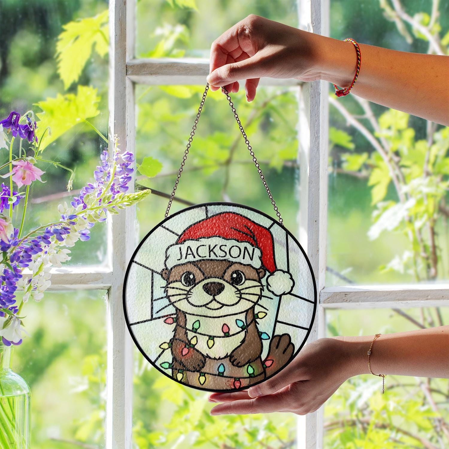 Personalized Otter Christmas Glass Suncatcher – Faux Stained Glass Ornament Holiday Design