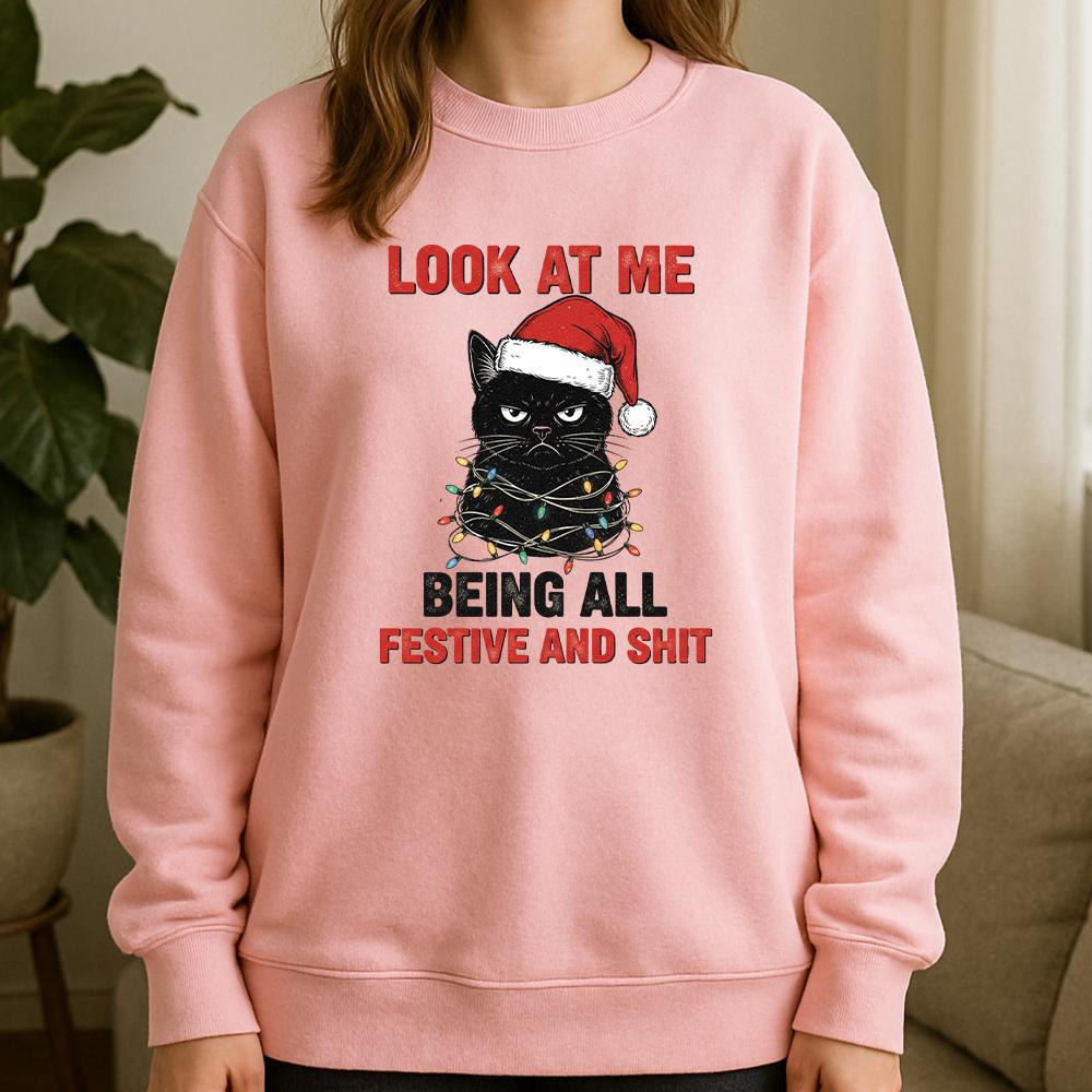 Cat Christmas Sweatshirt – Funny Santa Hat Pullover with Holiday Lights Design