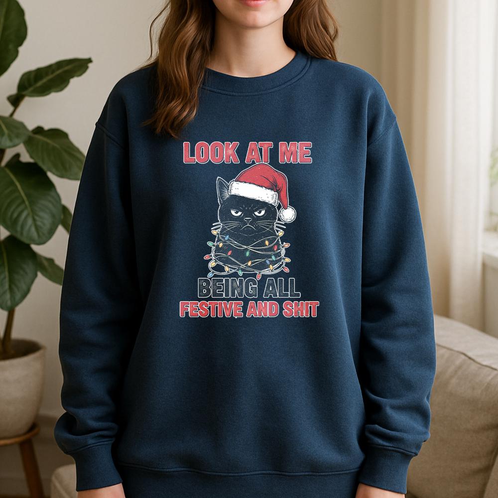 Cat Christmas Sweatshirt – Funny Santa Hat Pullover with Holiday Lights Design