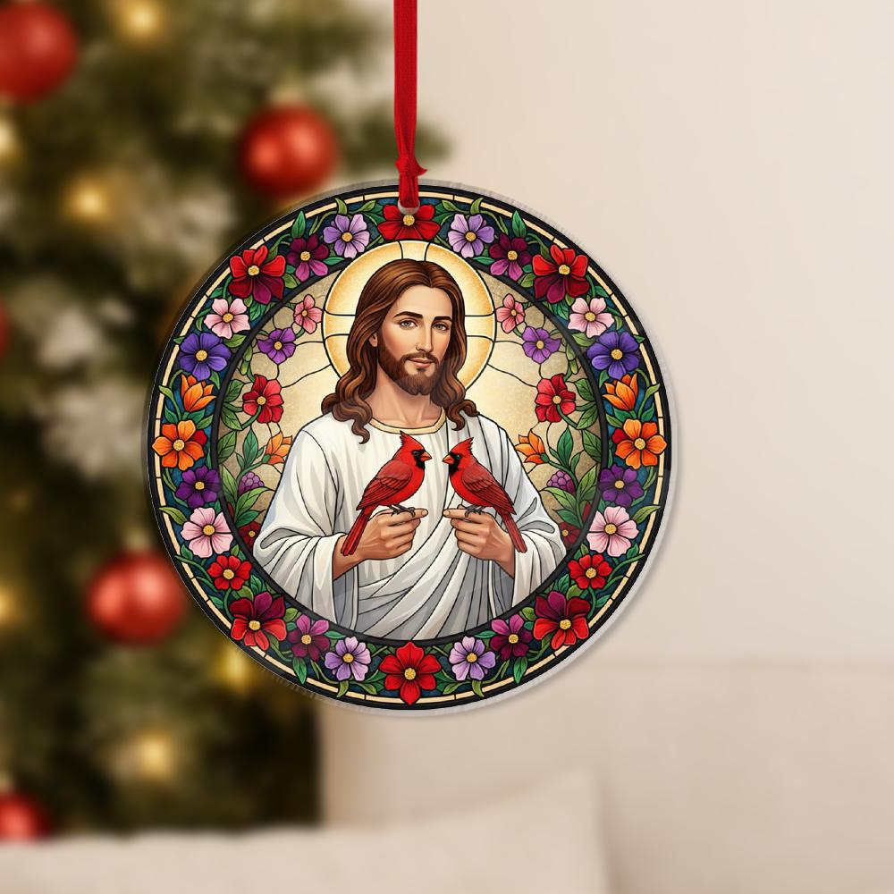 Jesus & Cardinals Ornament: Faux Stained Glass Christian Decor