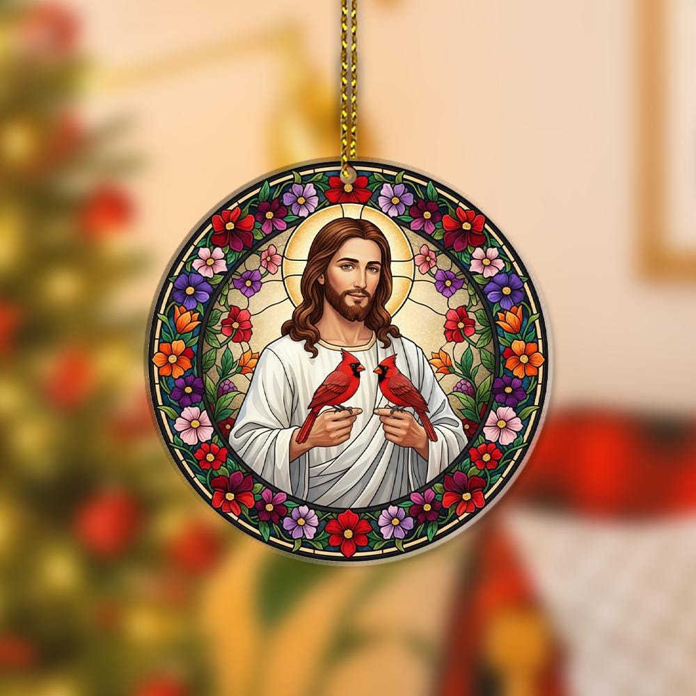 Jesus & Cardinals Ornament: Faux Stained Glass Christian Decor
