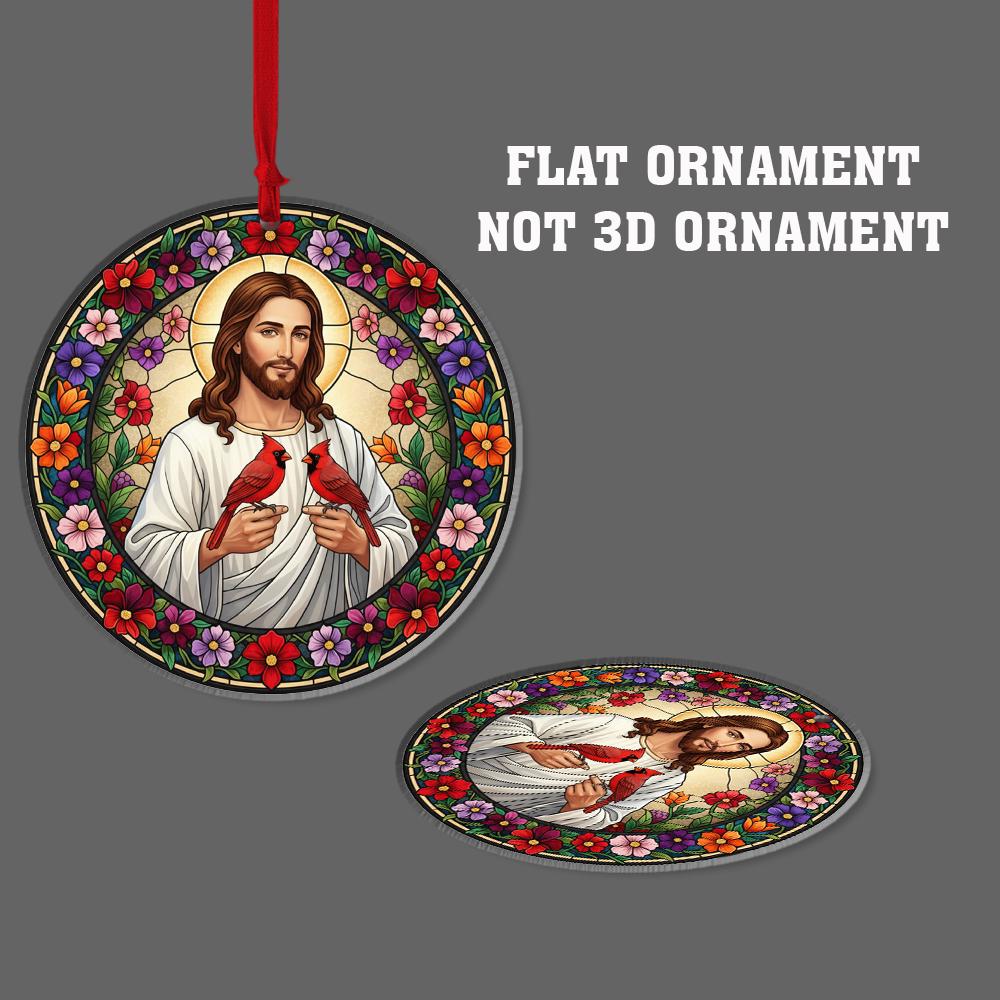 Jesus & Cardinals Ornament: Faux Stained Glass Christian Decor