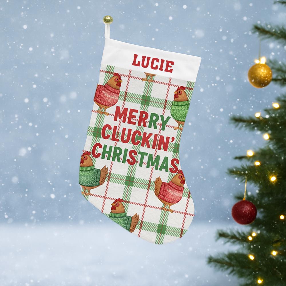 Personalized Chicken Christmas Stocking – Custom Name Farmhouse Holiday Decor with Plaid and Hens