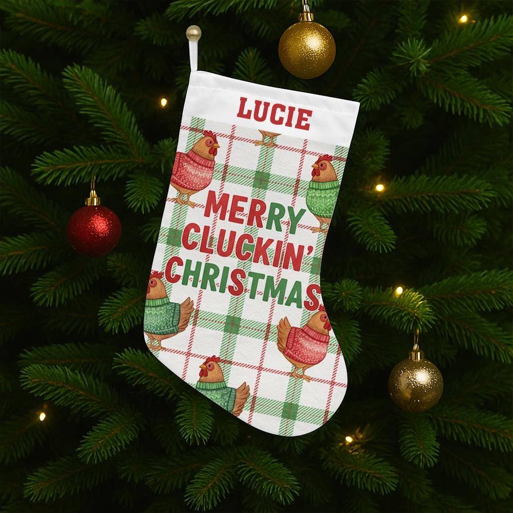Personalized Chicken Christmas Stocking – Custom Name Farmhouse Holiday Decor with Plaid and Hens