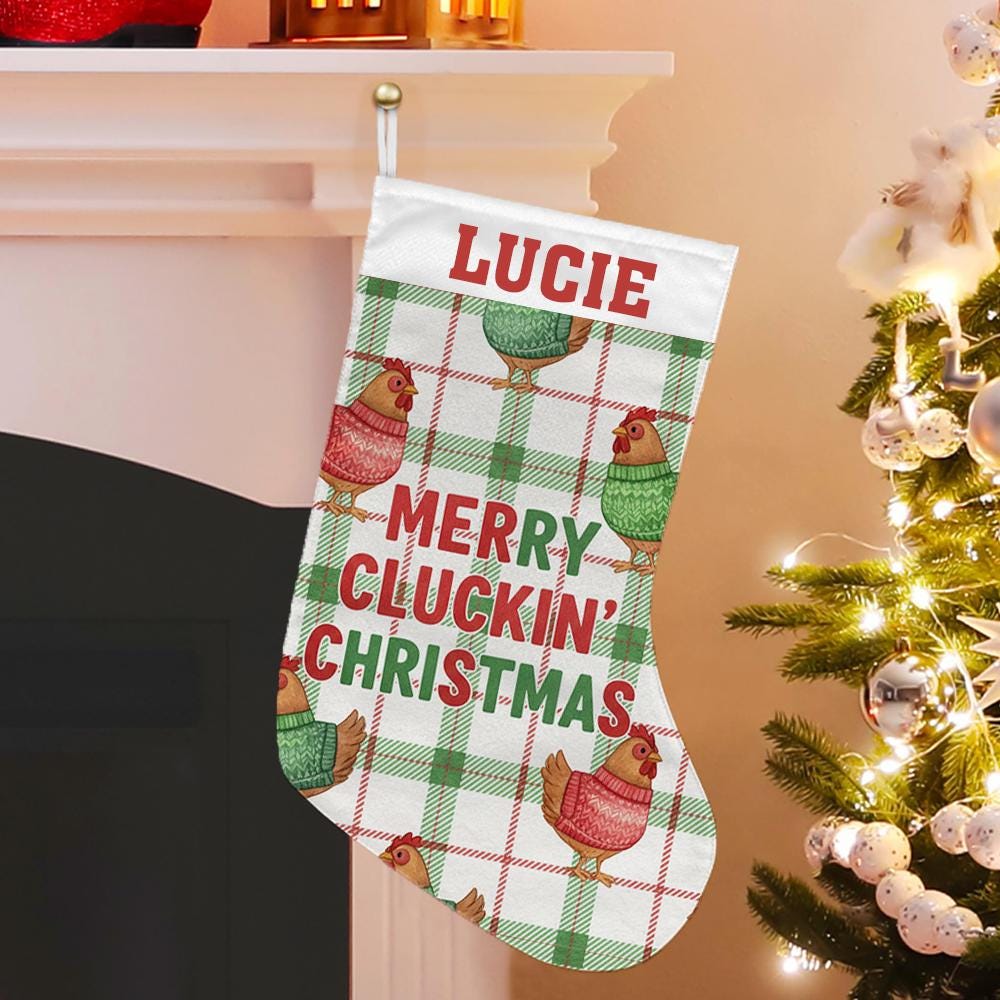 Personalized Chicken Christmas Stocking – Custom Name Farmhouse Holiday Decor with Plaid and Hens
