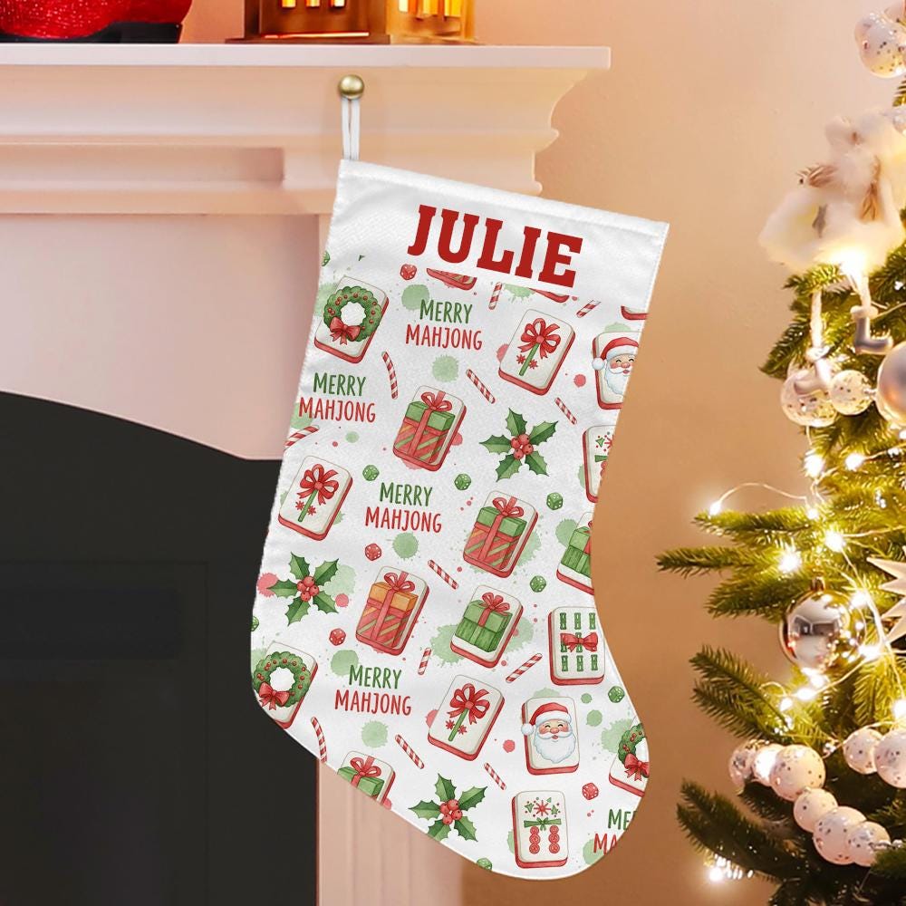 Personalized Mahjong Christmas Stocking with Name – Custom Holiday Decoration, Mahjong Tile Design, Gift Holder